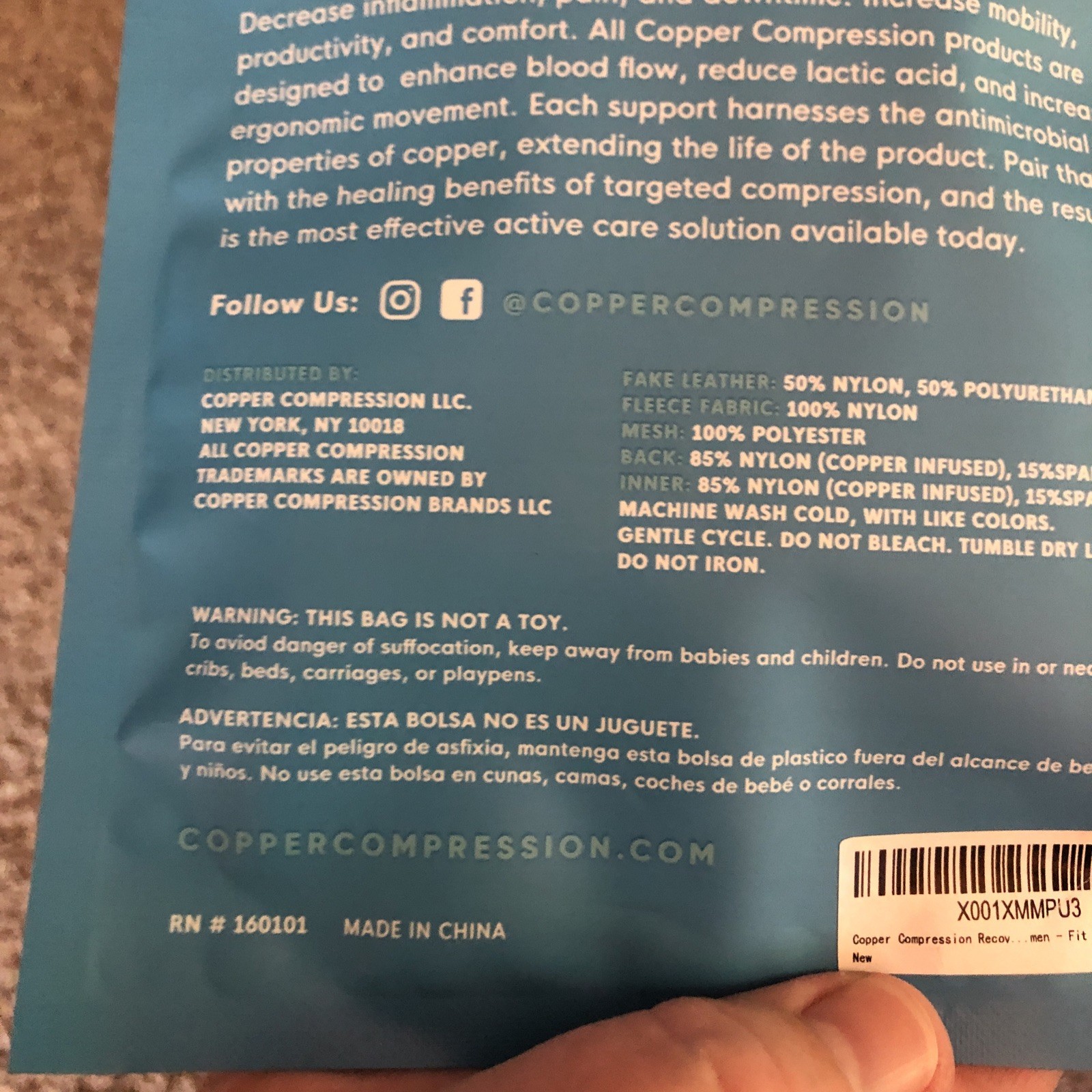 Copper Compression Wrist Brace Fits Right Hand S/M Unisex Washable New Sealed