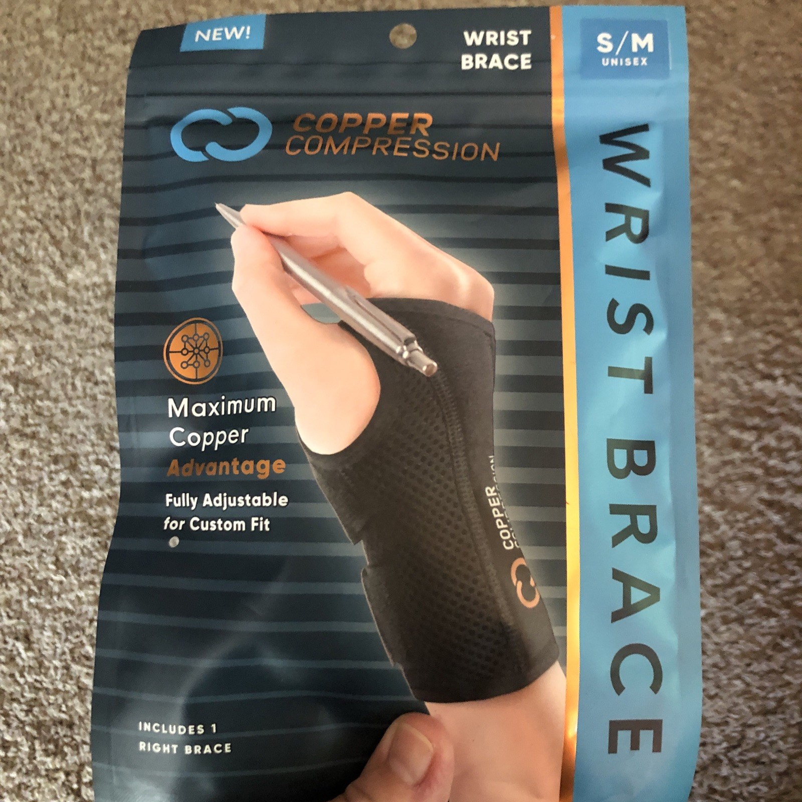 Copper Compression Wrist Brace Fits Right Hand S/M Unisex Washable New Sealed
