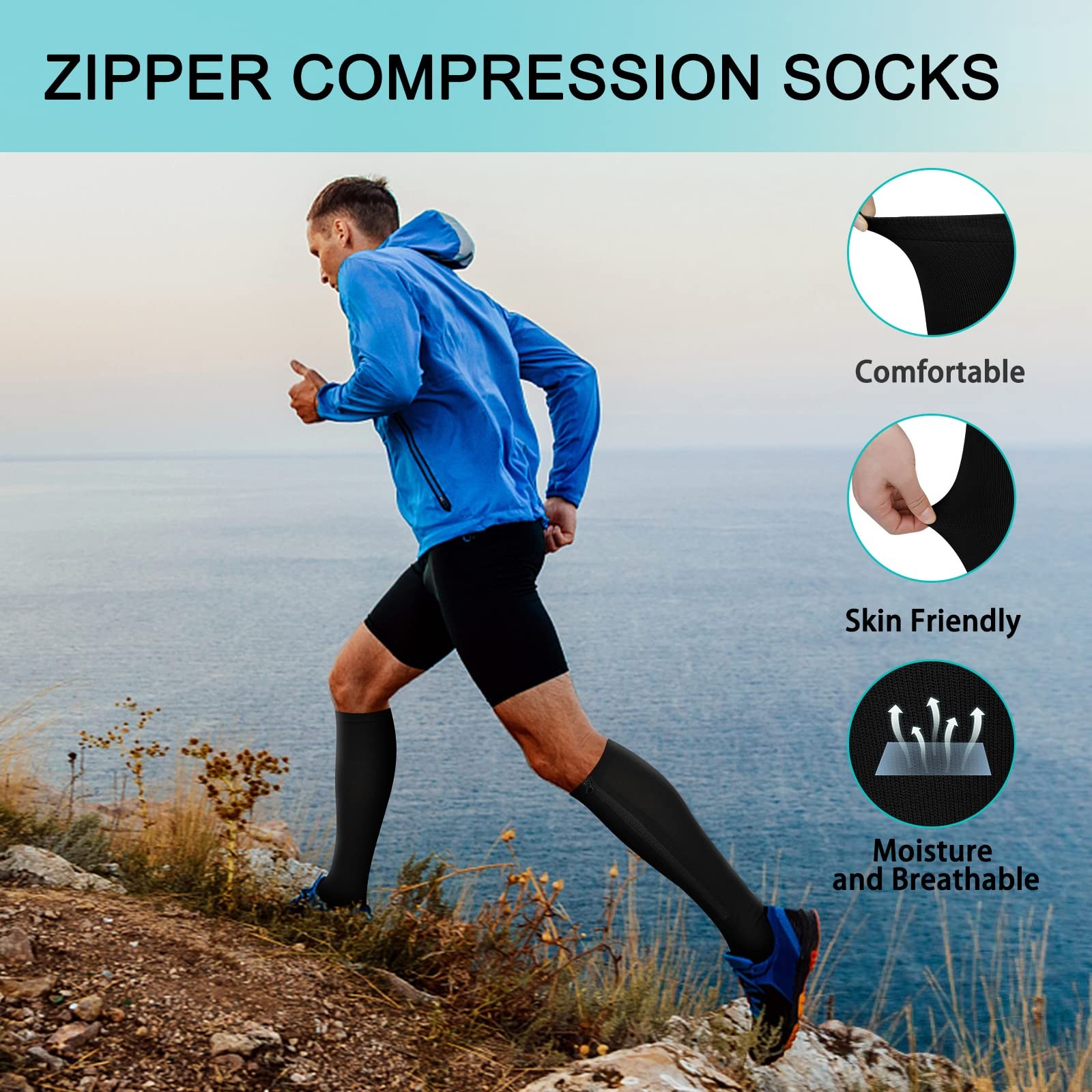 2 Pairs Zipper Compression Socks, 15-20 mmHg Closed Toe, Stocking, Women, Men