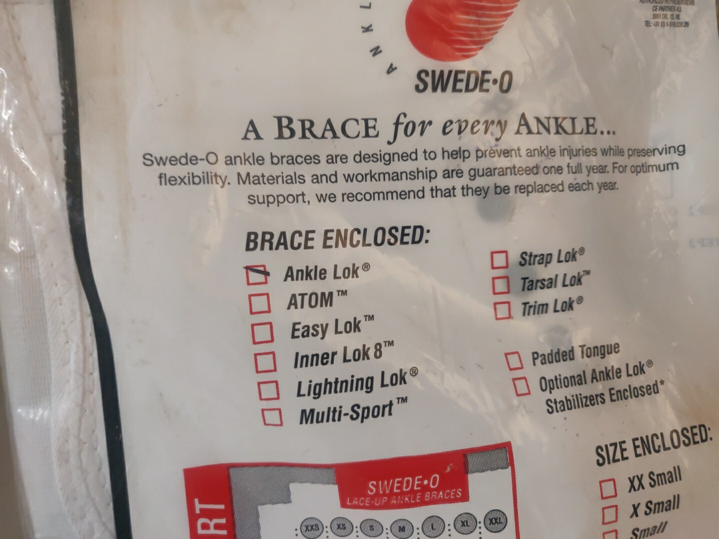 SWEDE-O Ankle Lok Brace Size XXL (US Size 15+) White Lace/Strap ~Good