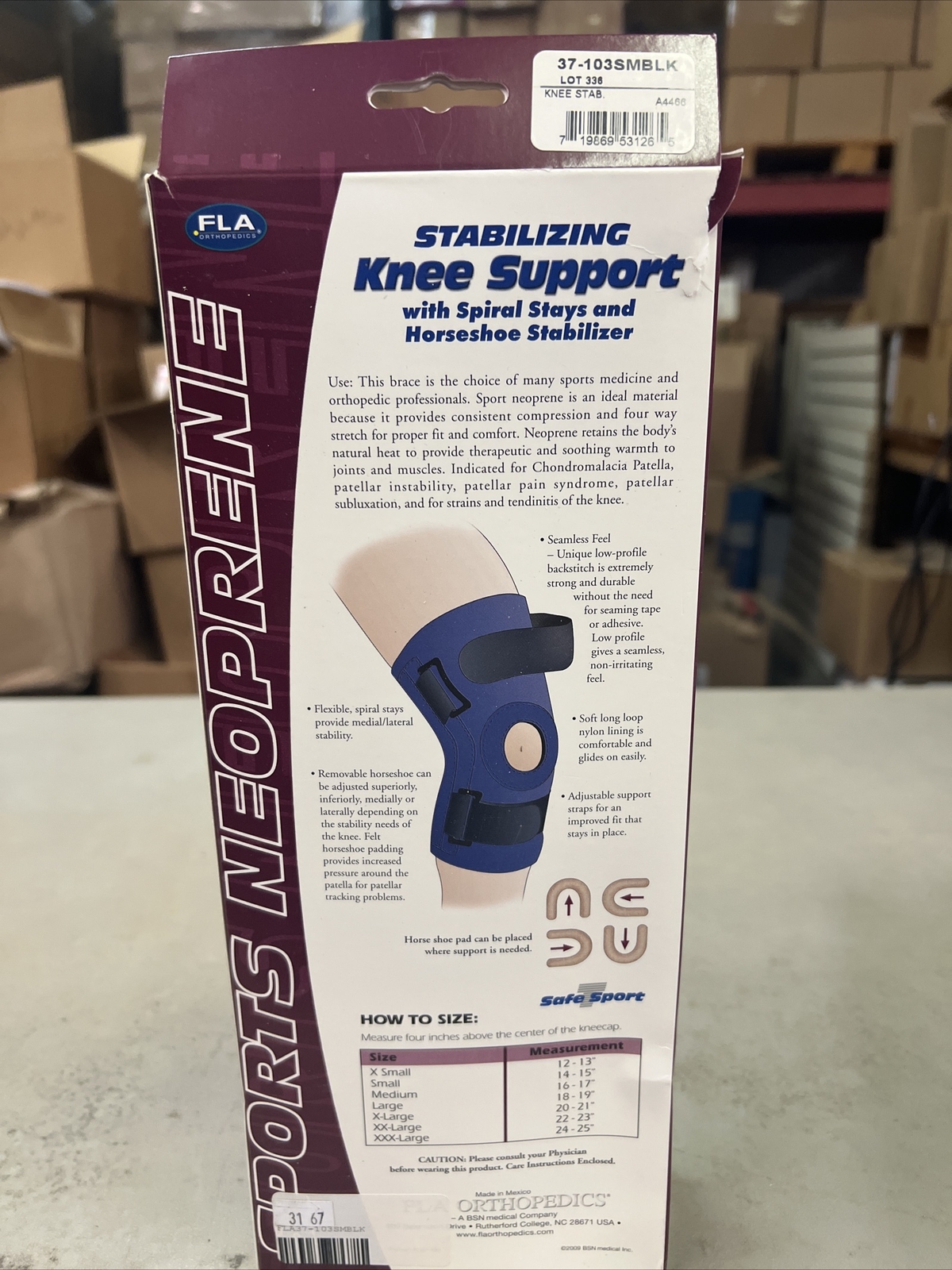 FLA Small Stabilizing Knee Support w/Spiral Stays & Horseshoe Stabilizer Blk NIB