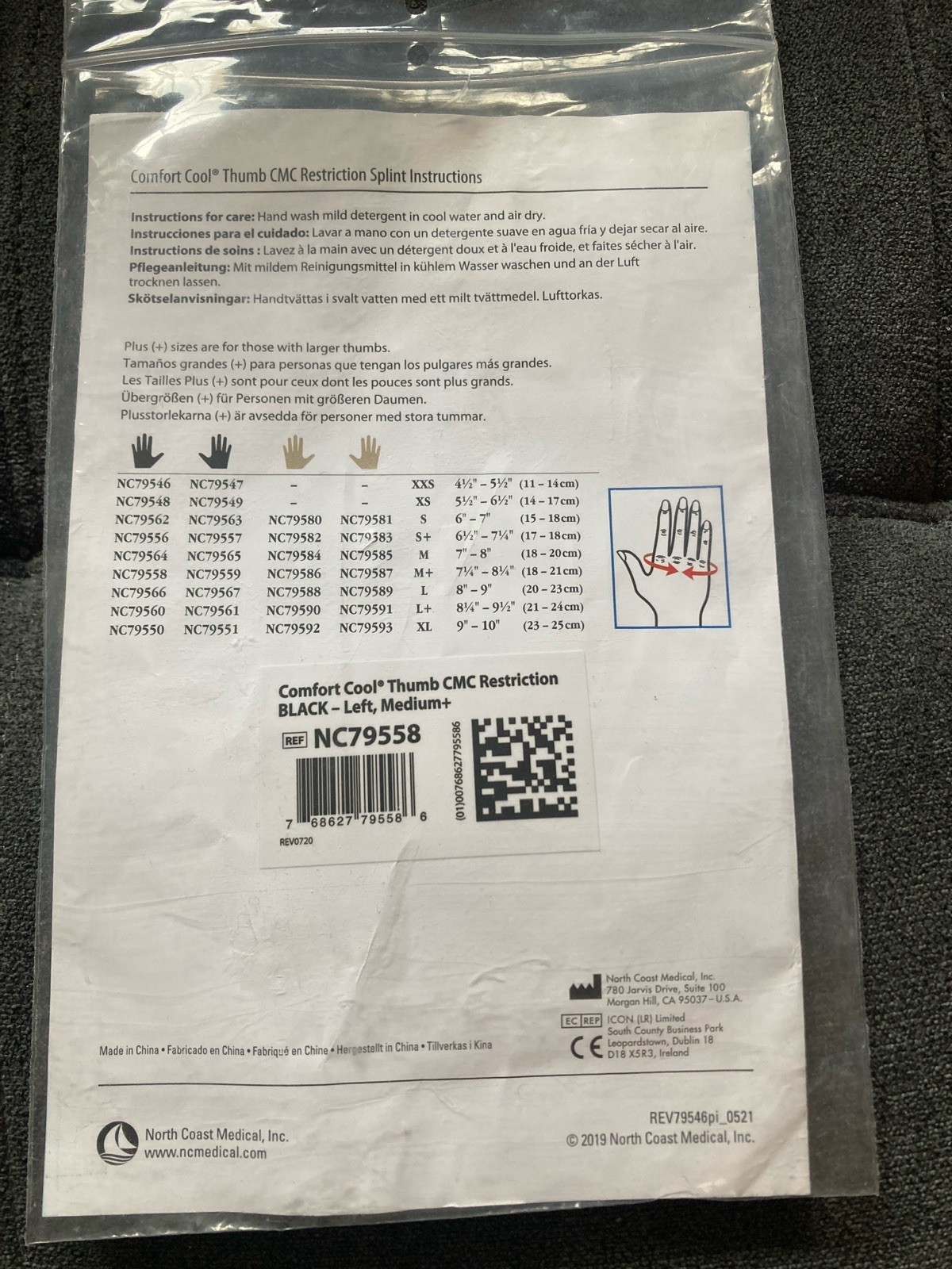 Comfort Cool Thumb CMC Restriction Splint, Medium+, Left, Black NC79558