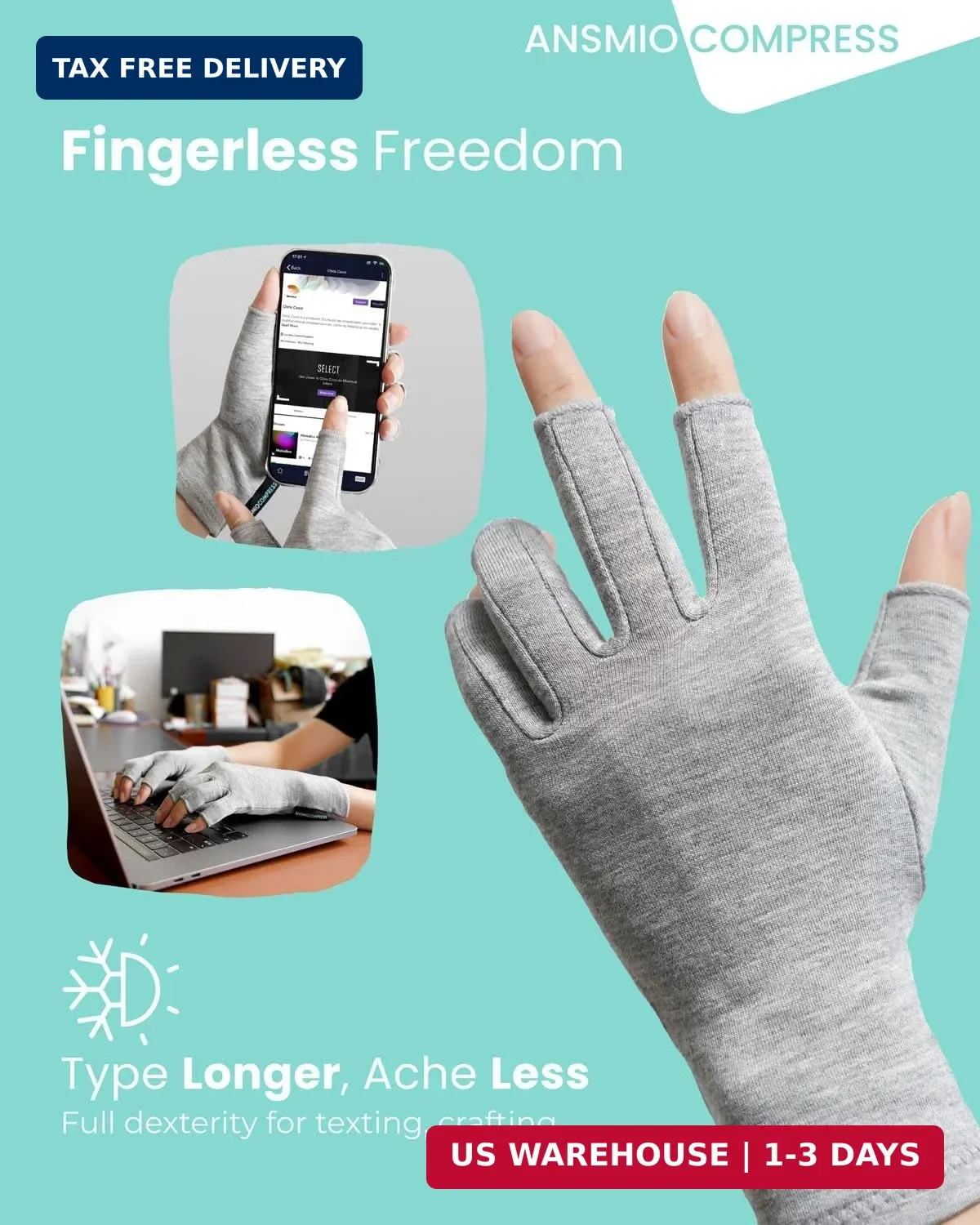 ANSMIO Rayon Derived from Bamboo Compression Gloves – Fingerless Arthritis & Car
