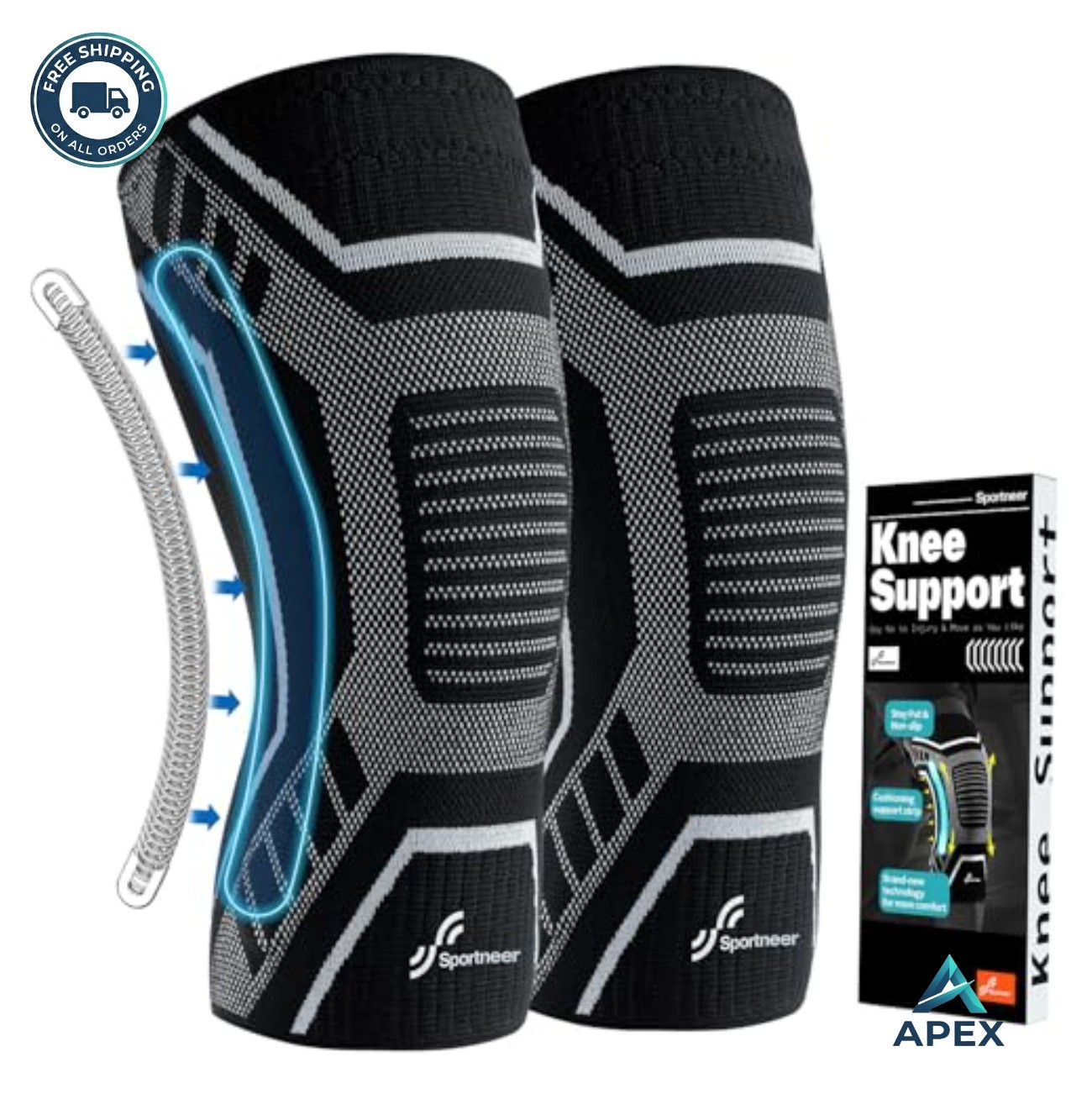 Knee Brace Compression Sleeve with Side Stabilizers Black Medium Unisex Pair