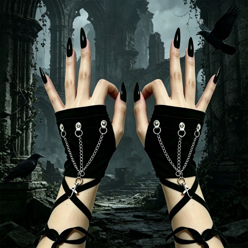 Black Fingerless Sleeve Cuffs Gloves with Wrap Straps for Theme Party Wear
