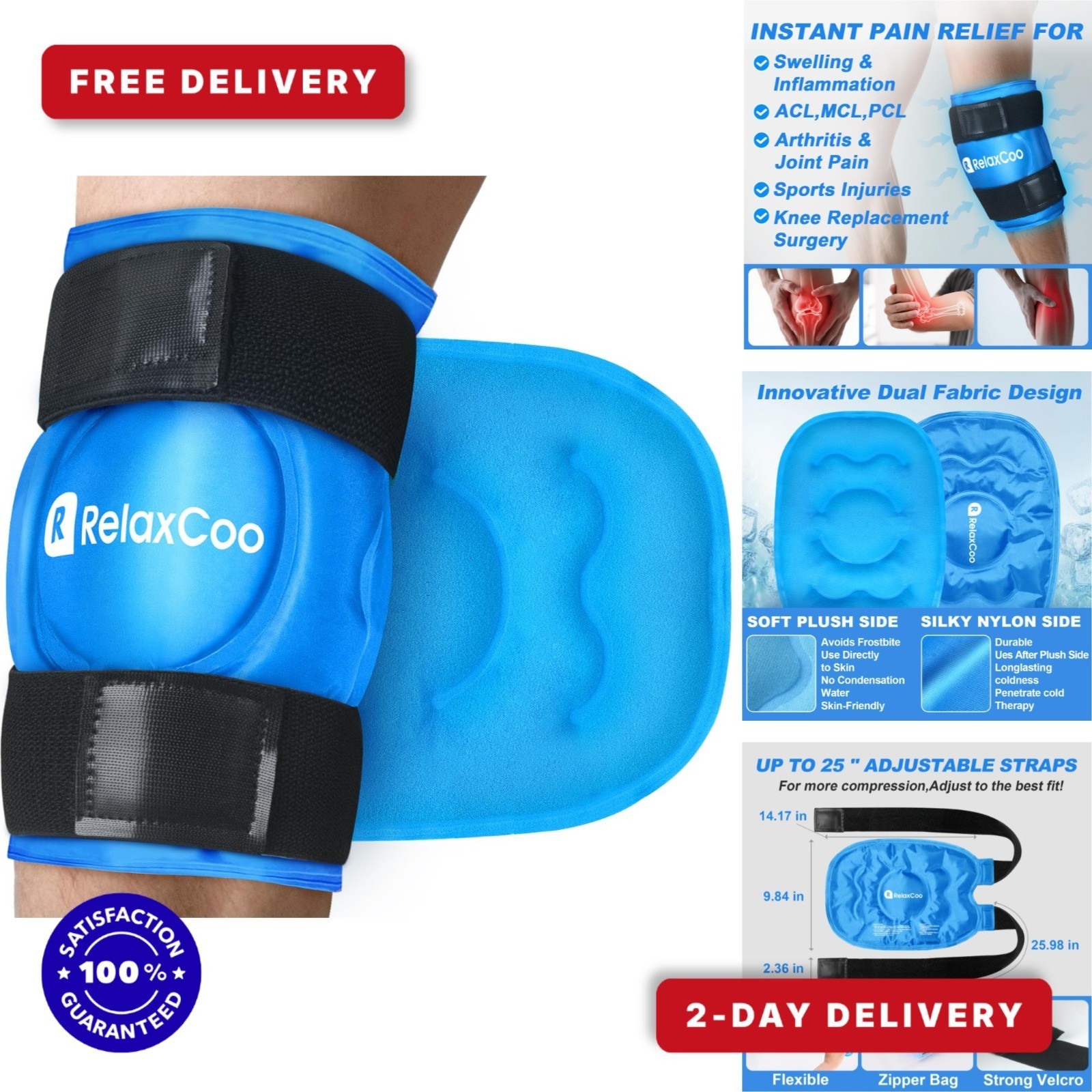 RelaxCoo Ice Pack for Knee Pain Relief, Reusable Gel Wrap, Blue