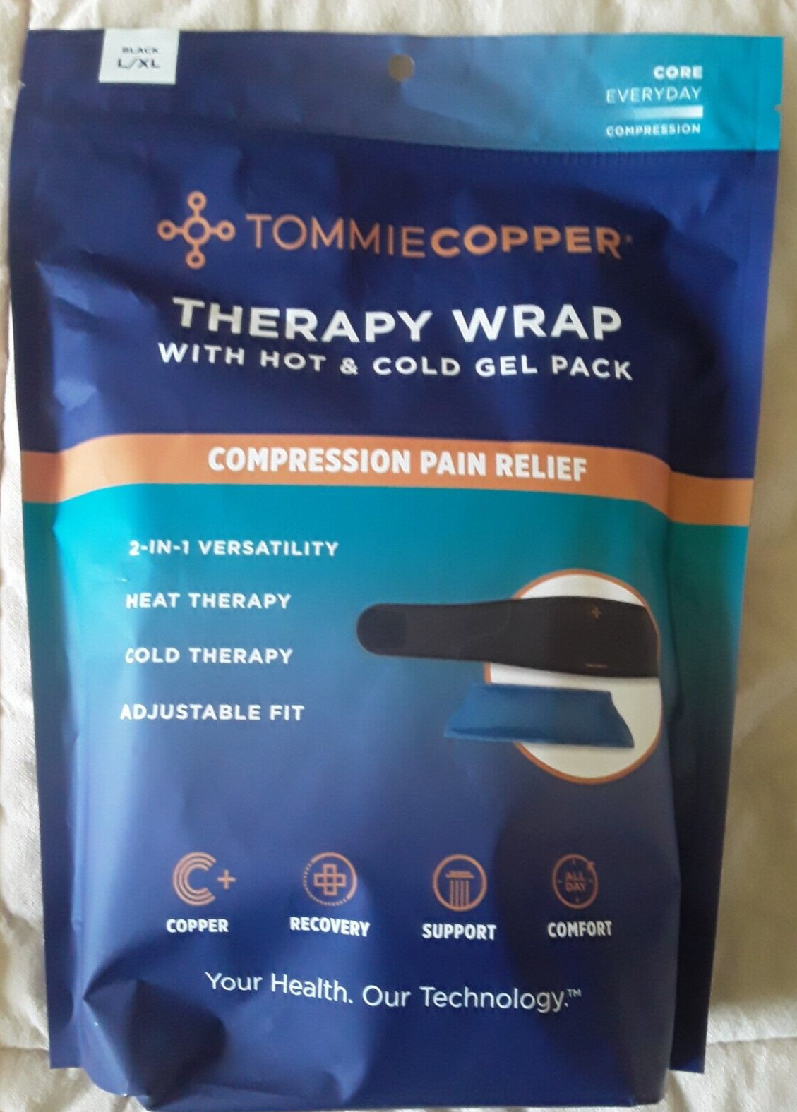 Therapy Wrap Compression Pain Relief Black Sz L/XL Hot Cold Gel Pack Adjustable