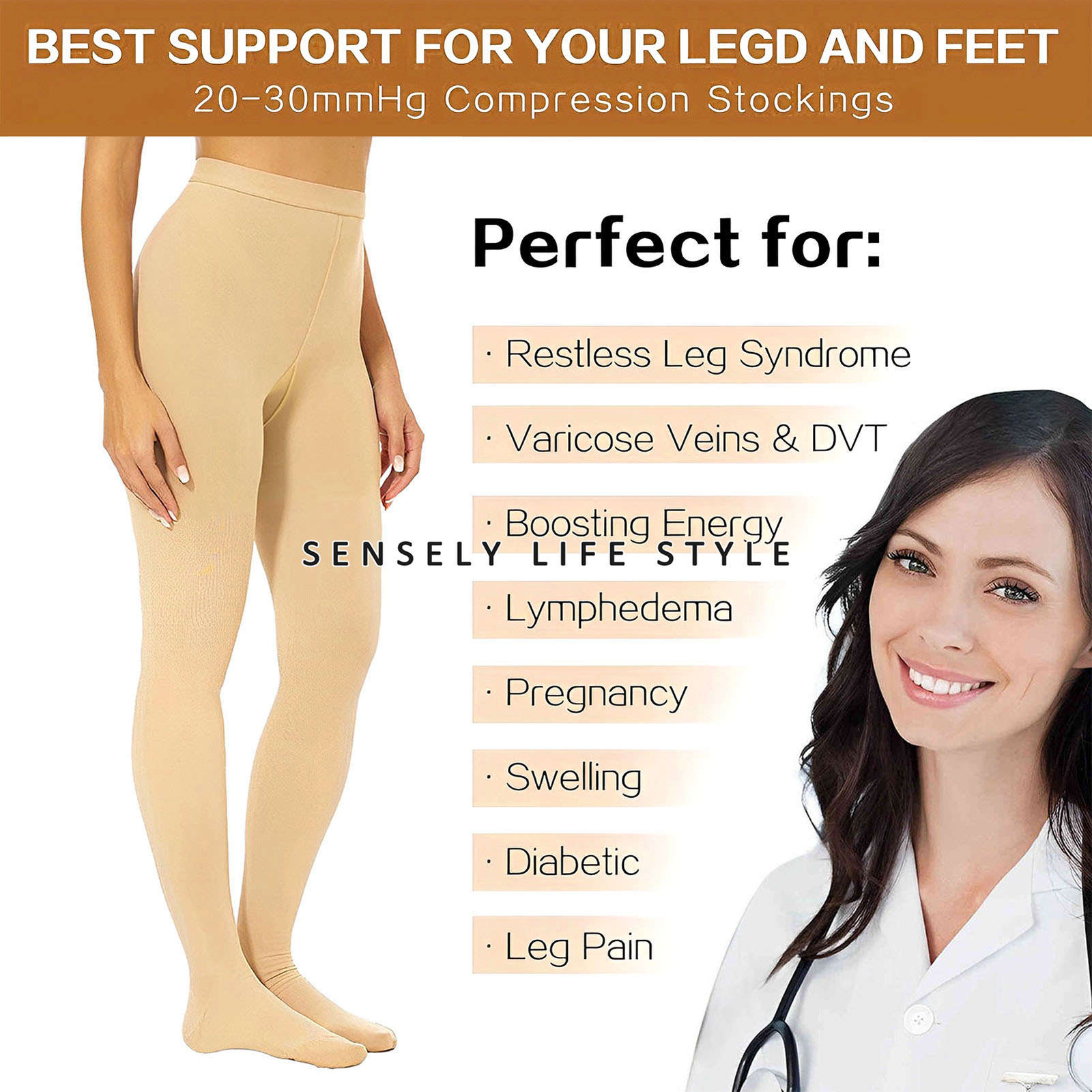 Close Toe Compression Pantyhose Stockings 20-30 mmHg Women’s High Waist Shaping