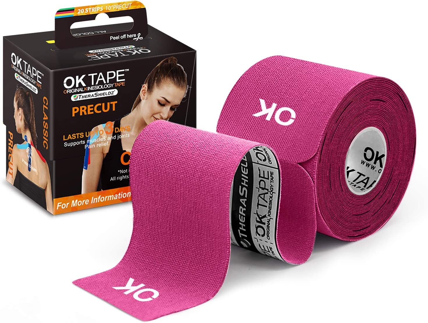 OK TAPE Kinesiology Tape 10 inches Precut, 20 Strips, Cotton Elastic Athletic Ta