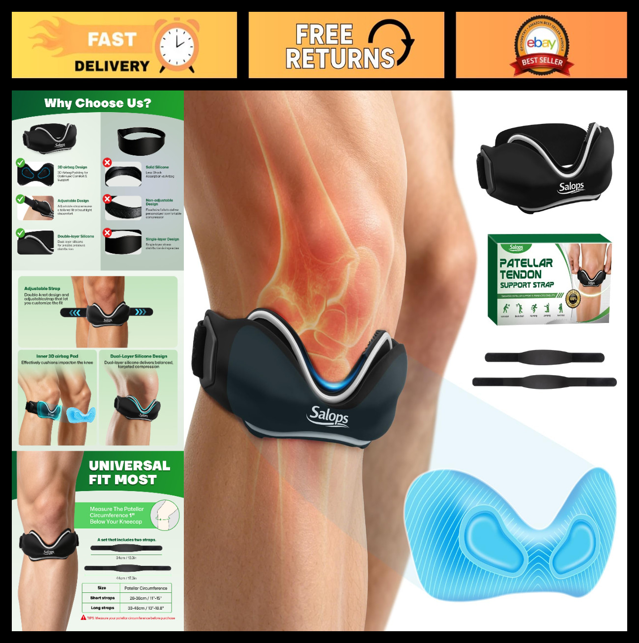 Adjustable Patellar Tendon Support Strap – Silicone Knee Brace for Pain Relief,
