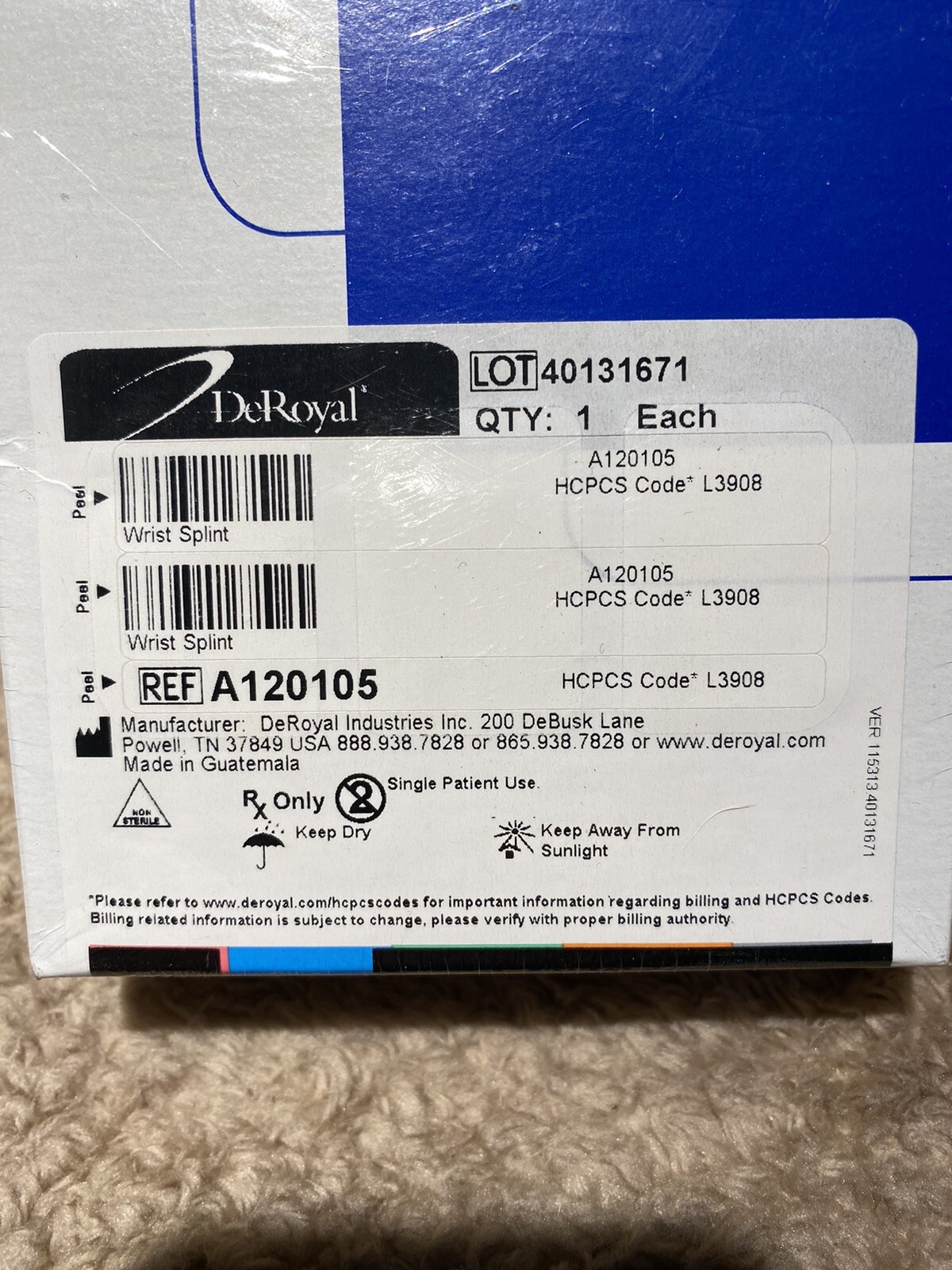 DeRoyal Wrist Splint, Black, A120106 Genuine, NEW