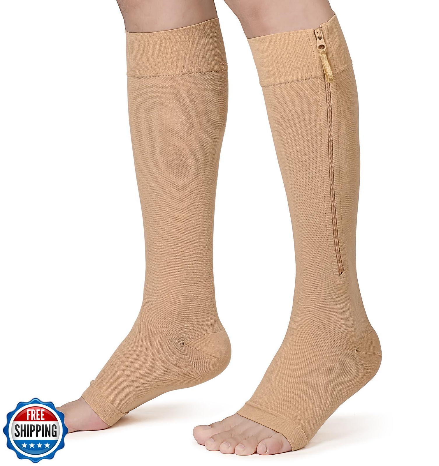 KEKING® Zipper Compression Socks for Men Women, Open Toe, 20-30mmHg Firm Supp