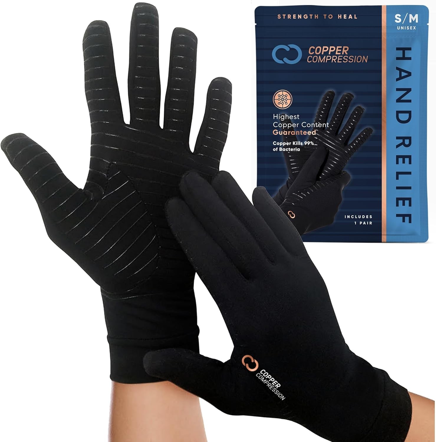 Copper Compression Full Finger Arthritis Gloves – Palm Grips – Touch Screen Fing