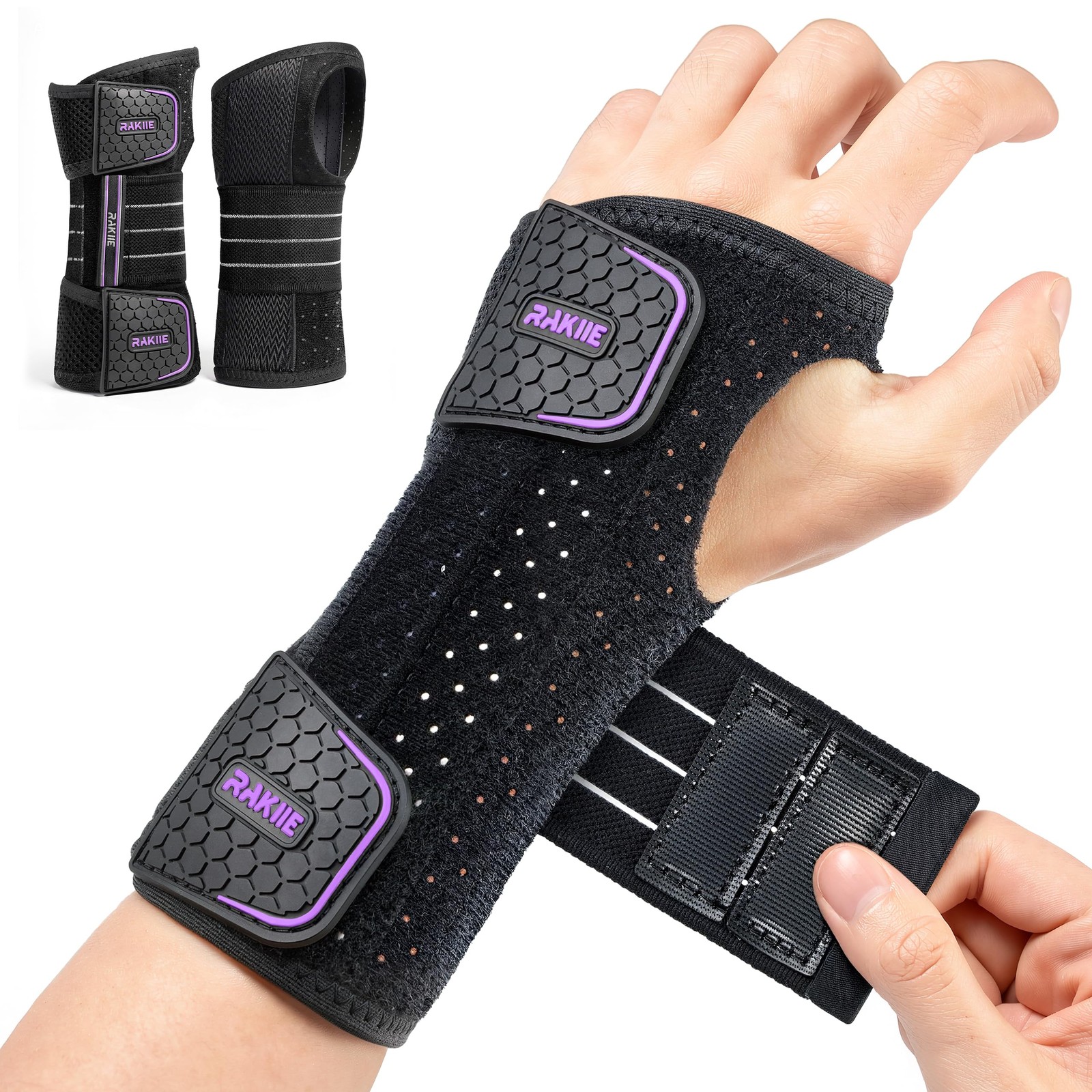 Rakiie 2 Pack Carpal Tunnel Wrist Braces, Adjustable Support S, Purple