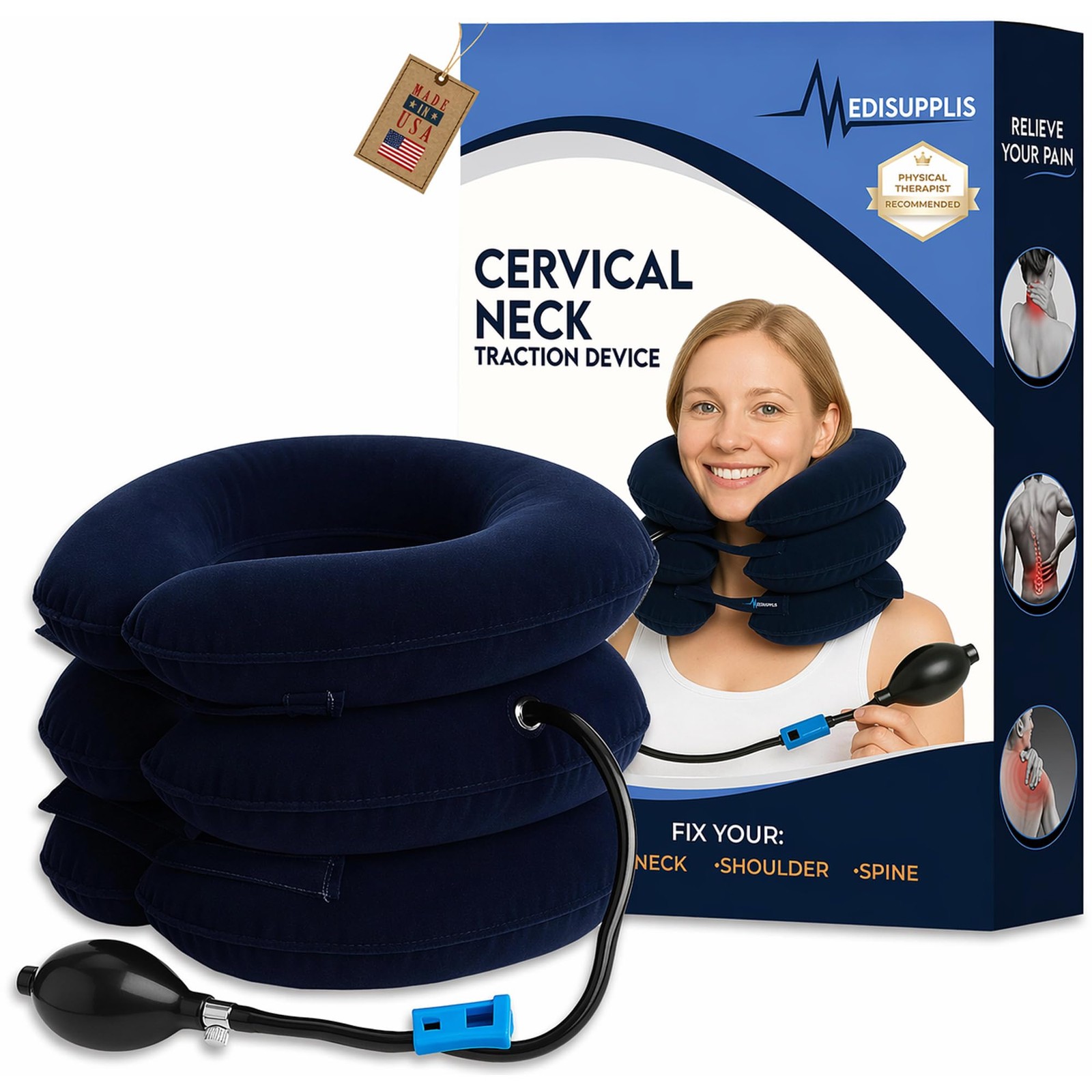 Neck Stretcher, Cervical Traction Device, Adjustable (S,M,L), Blue