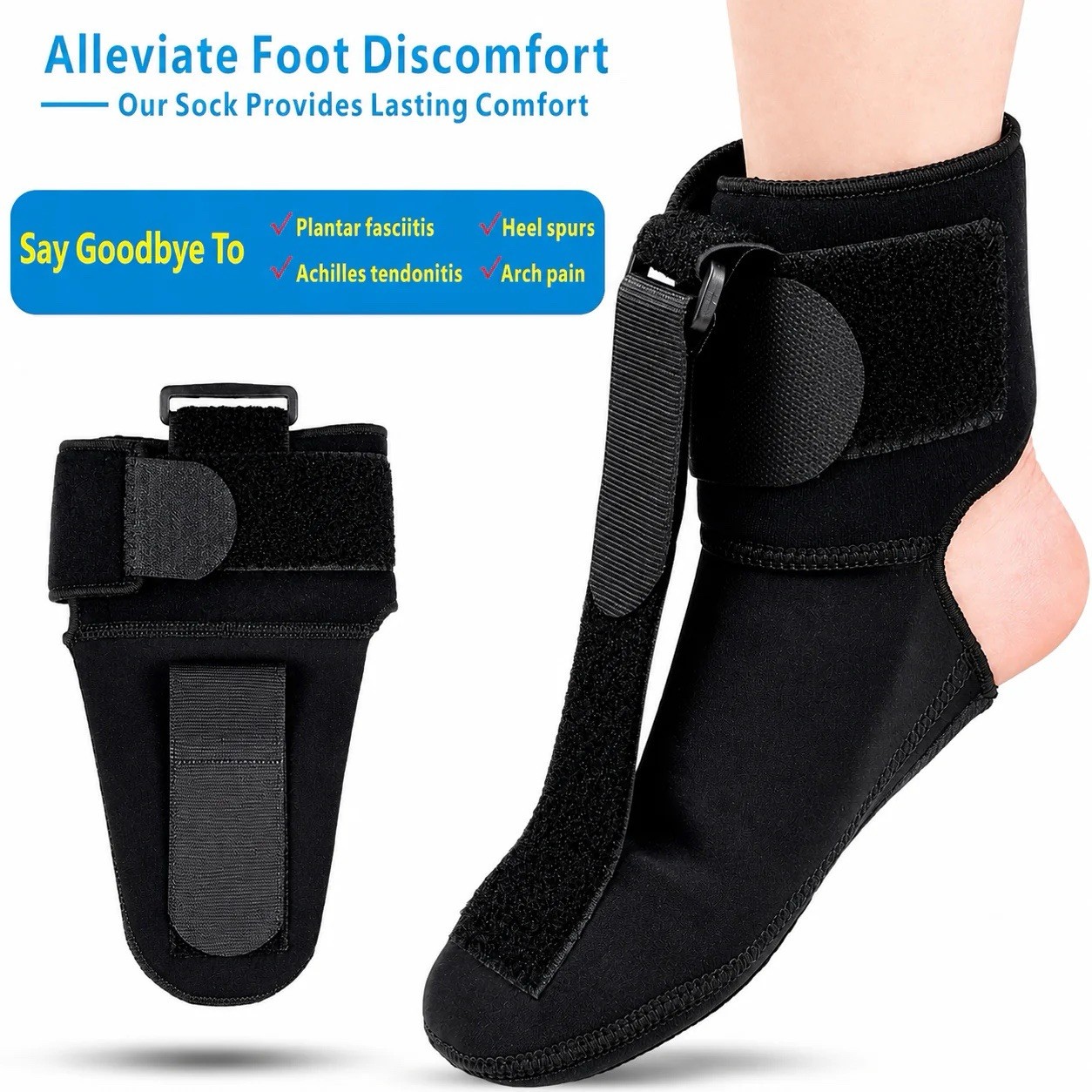 2pk Adjustable Night Splint Sock for Plantar Fasciitis, Foot/Ankle, Black