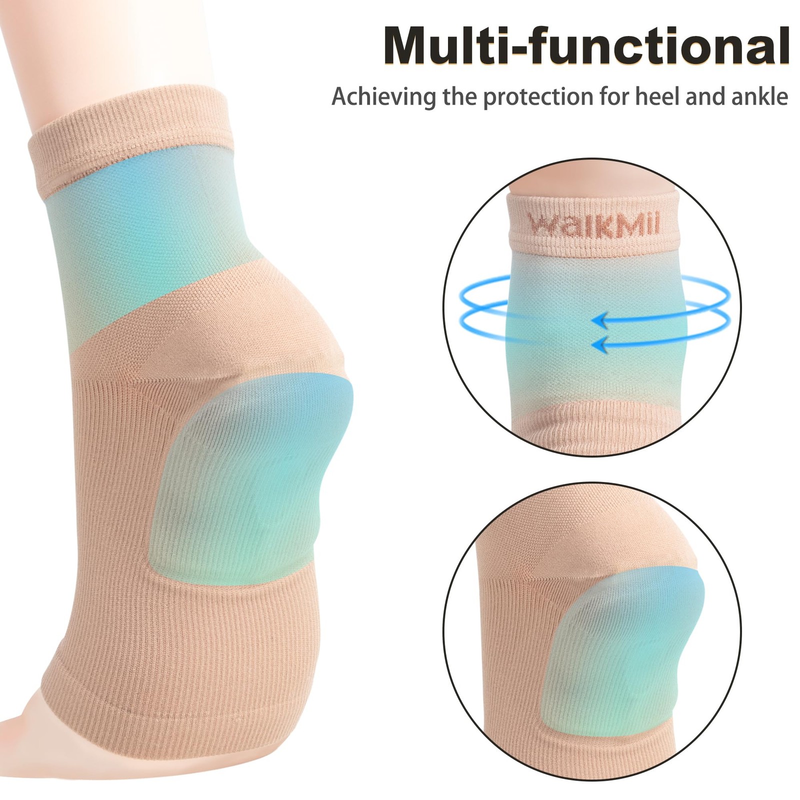 WalkMii Gel Heel Protector Cup Socks for Plantar Fasciitis Pain Relief Sz Large