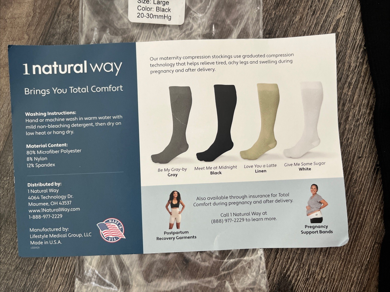 1 Natural Way Maternity compression socks Knee High 20-30mmHg black sz Large