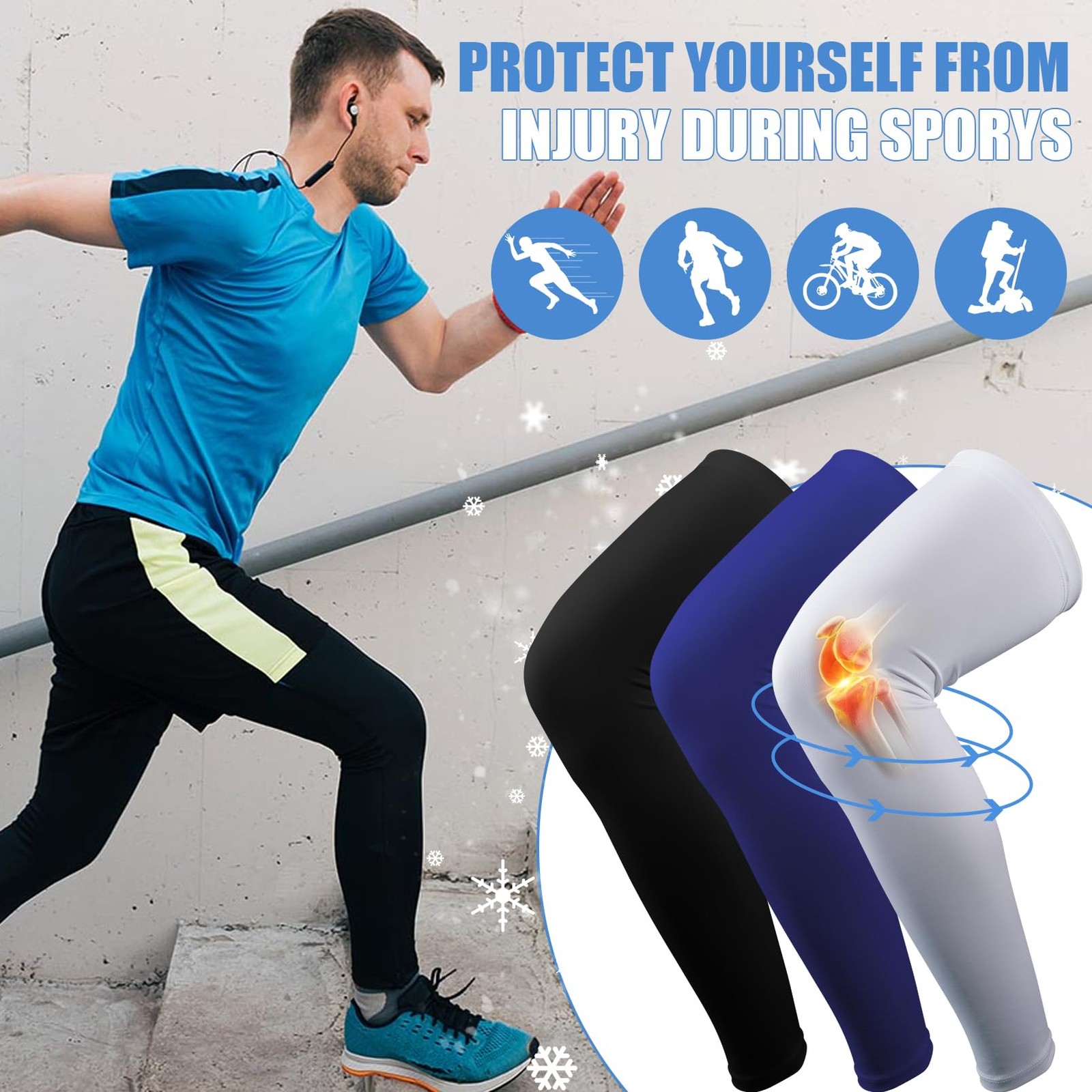 Full Length Leg Compression Sleeves Anti Slip Silicone Sports Knee 3 Pairs