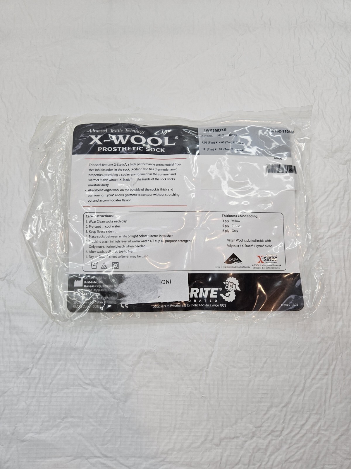 Knit Rite Prosthetic Sock X-Wool 3 Ply 7″x4″x8″ 510162-1108M Lycra X-Static New