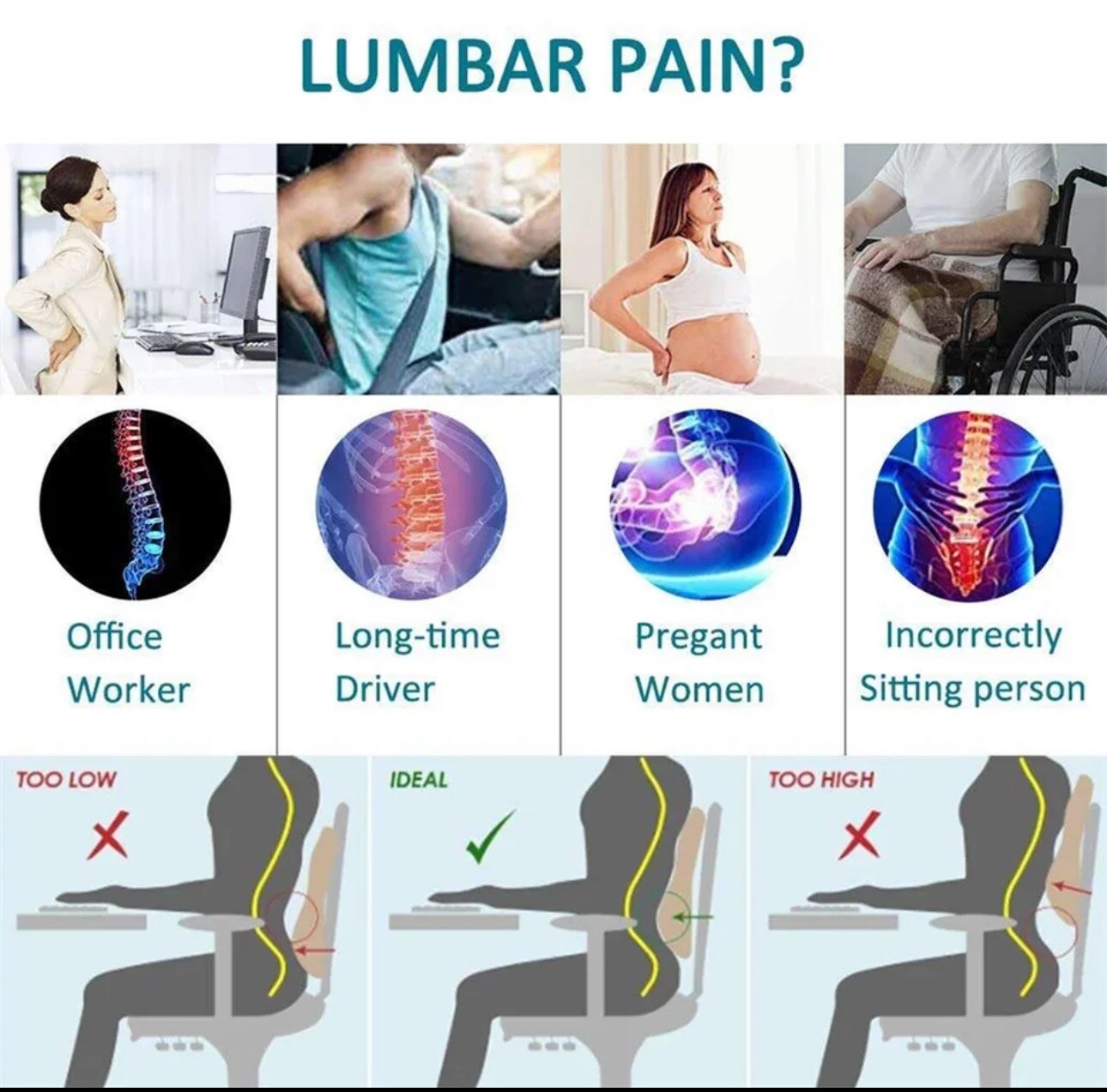 Memory Foam Lumbar Support Cushion for Home Office Car Seat Back Chair Pillow US