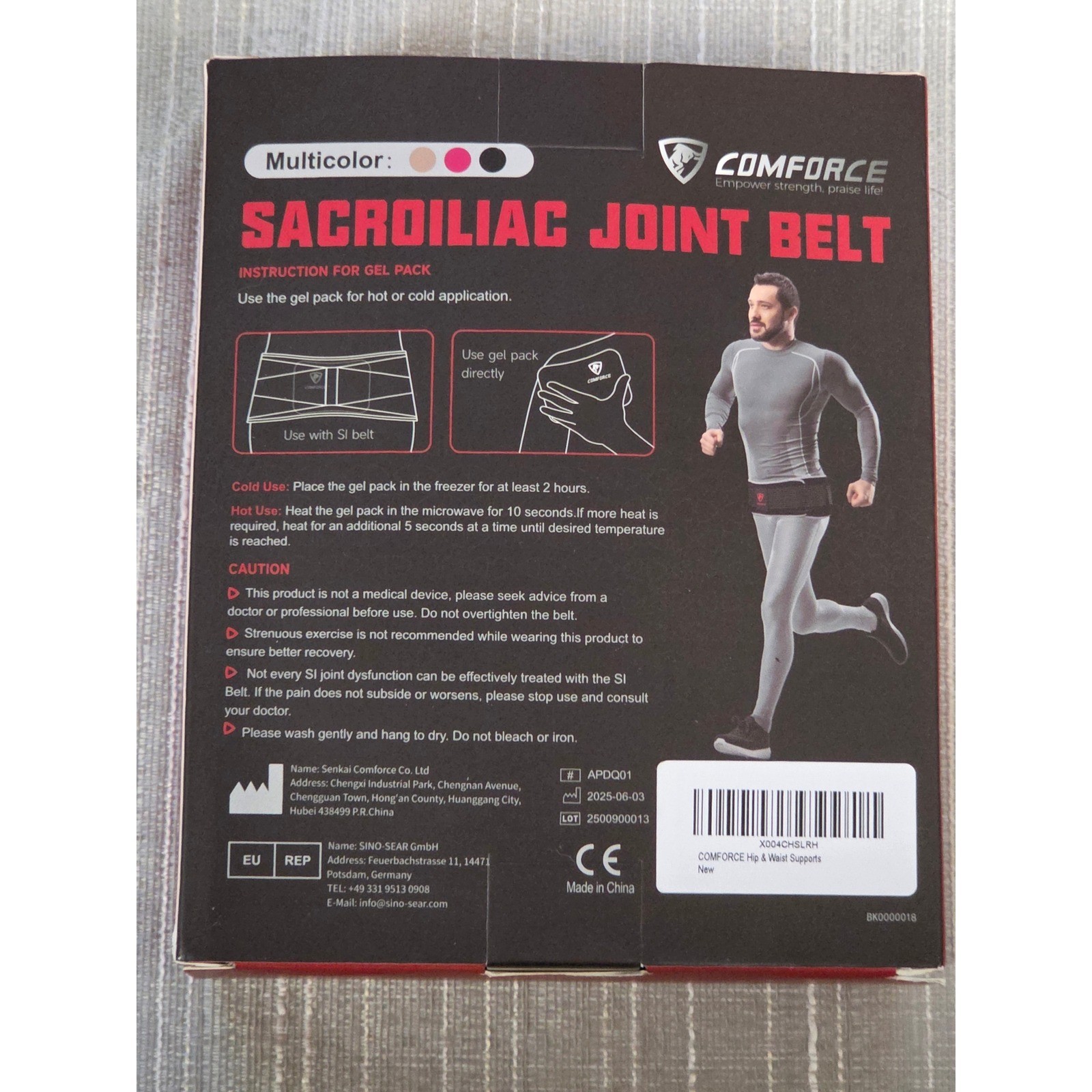 COMFORCE Sacroiliac Joint Belt SI Hip Support Belt with Hot Cold Gel Pack Black