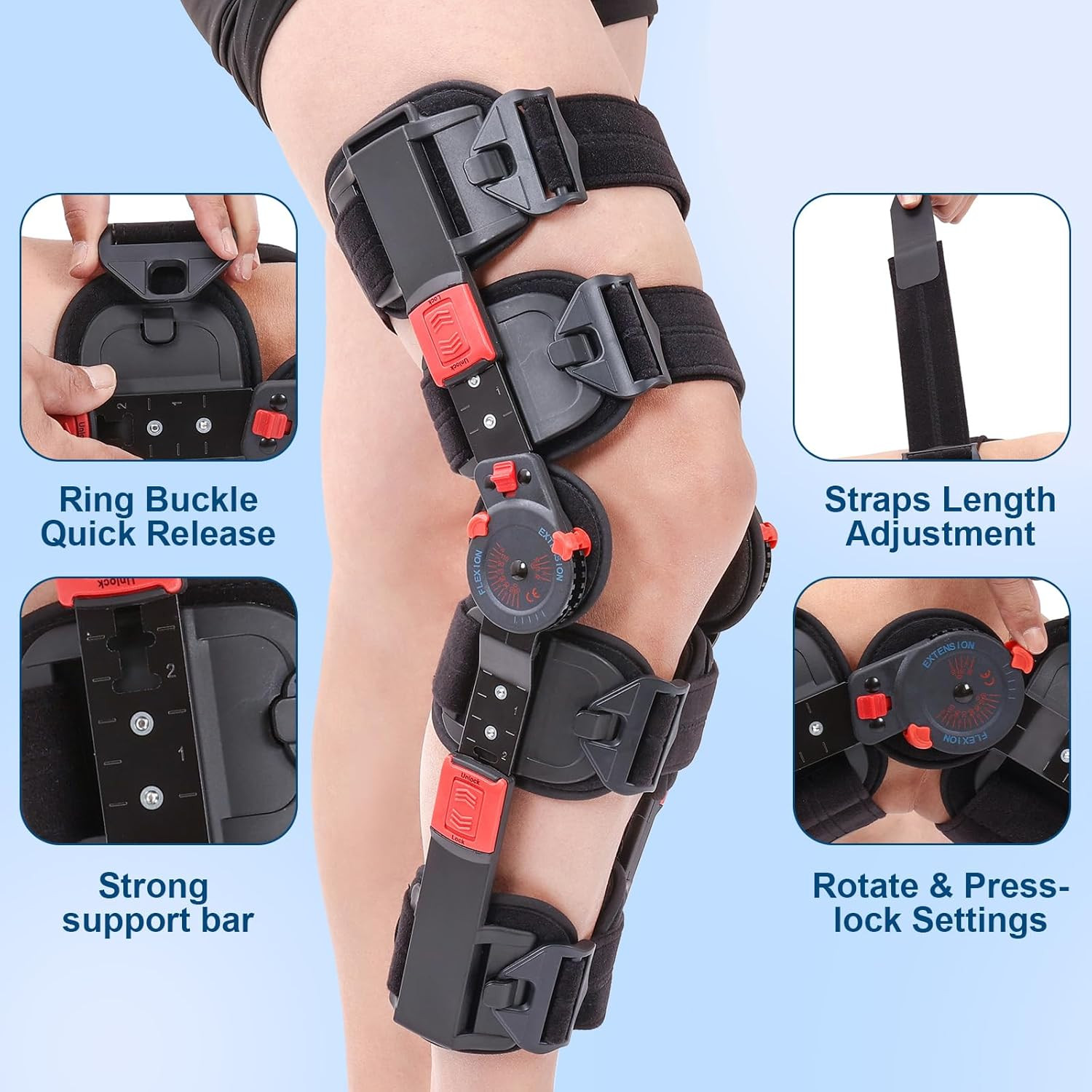 Hinged ROM Knee Brace with Side Stabilizers, Adjustable Post Op Knee Support Ort