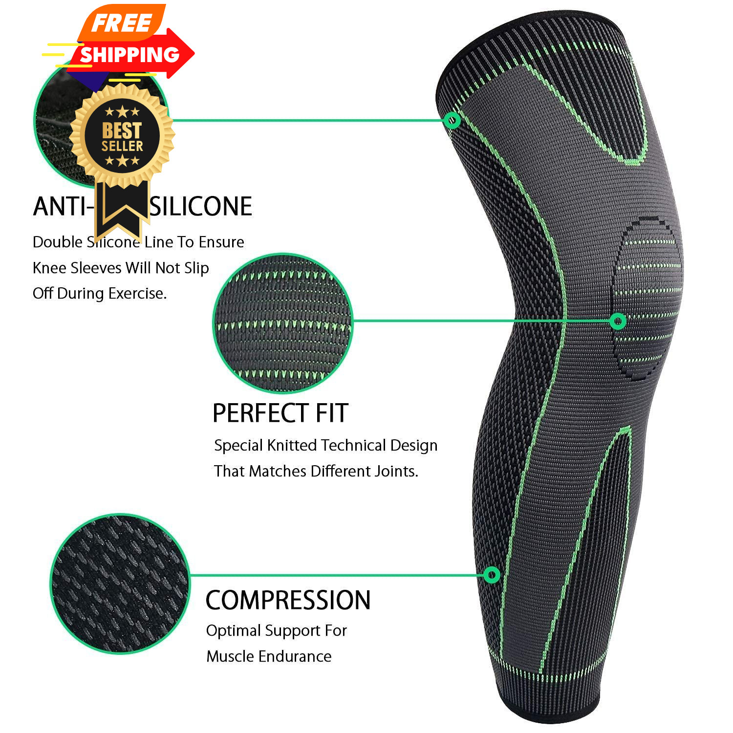 Full Leg Sleeves Long Compression Sleeve Knee Medium (1 Pair), 01_Green