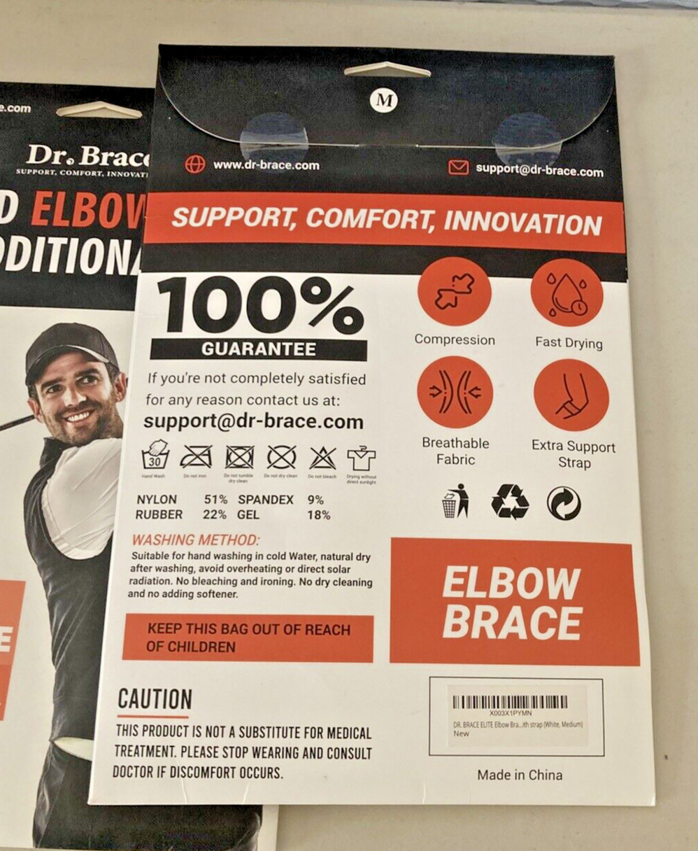 Dr. Brace Padded Elbow Brace With Additional Strap Tennis Golf Sz Medium White
