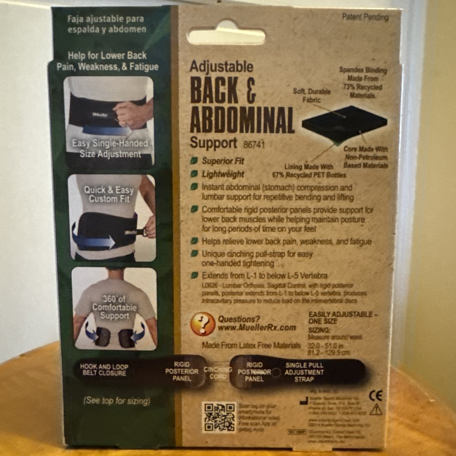 Mueller Green Back & Abdominal Support One-Size Adjustable Antimicrobial