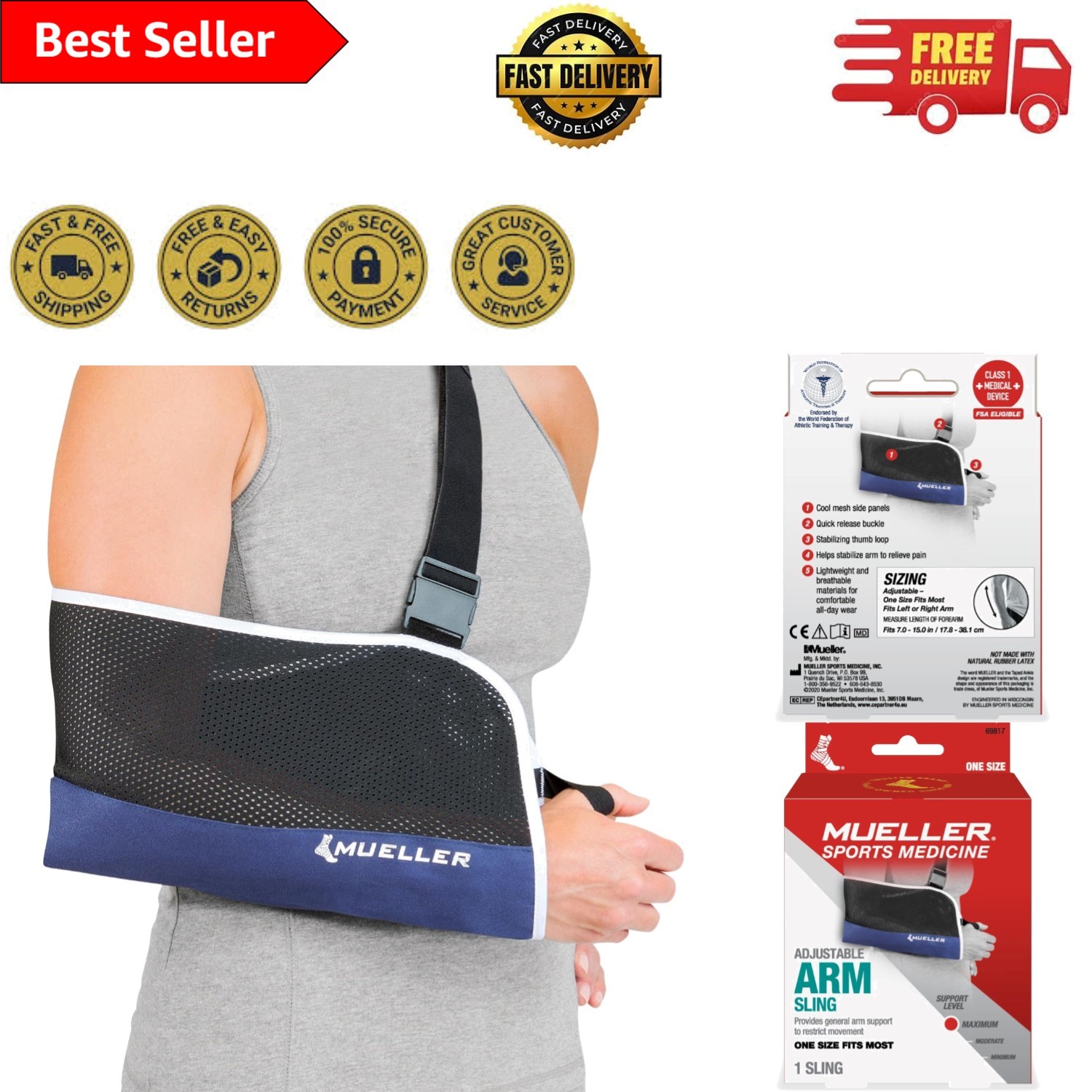 Lightweight Adjustable Arm Sling with Mesh for Injury Relief—One Size Fits Most