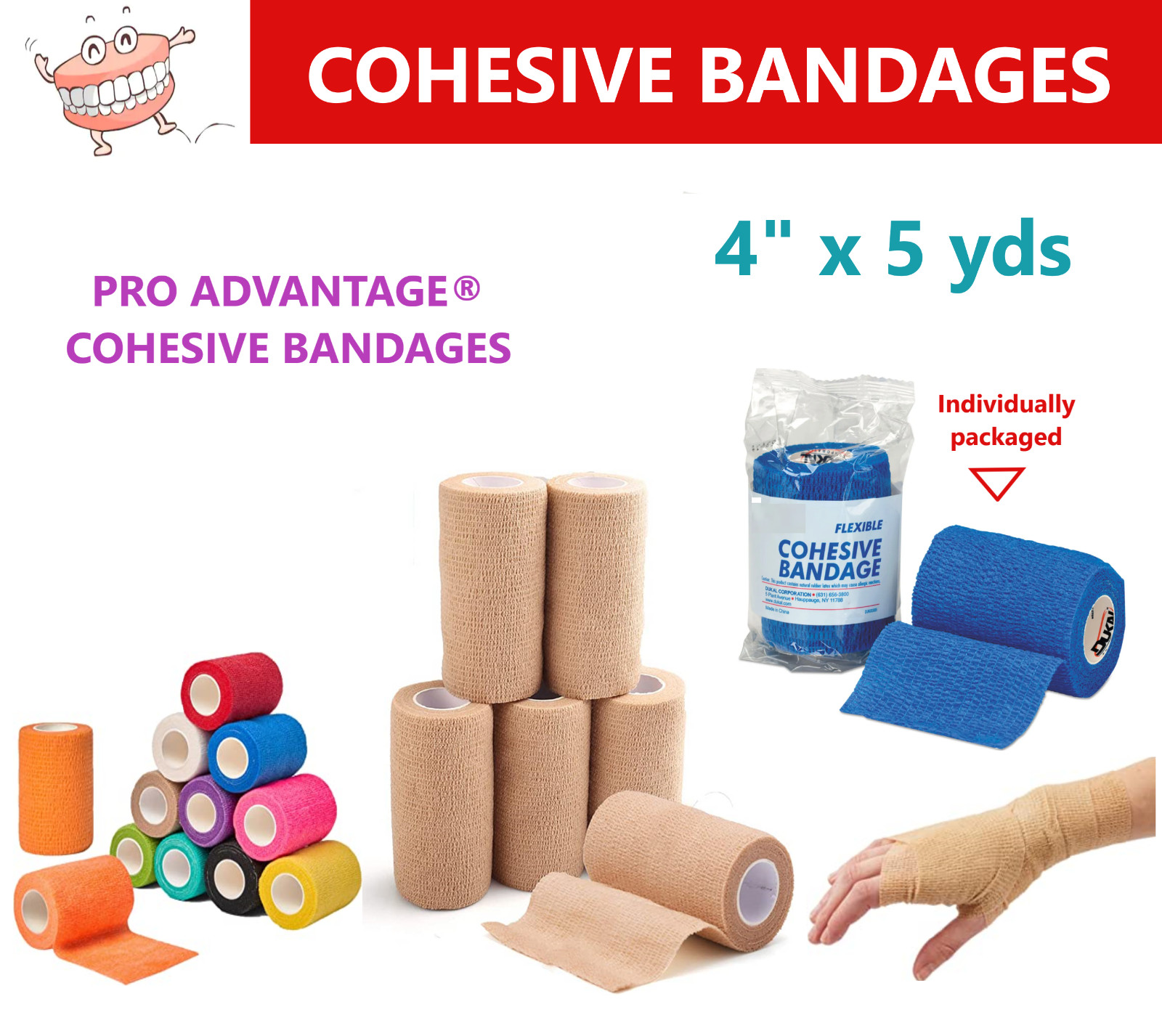Stretch Bandage Wrap, 4 In x 5 Yds Tape, Self-adherent Cohesive Bandage Non Slip