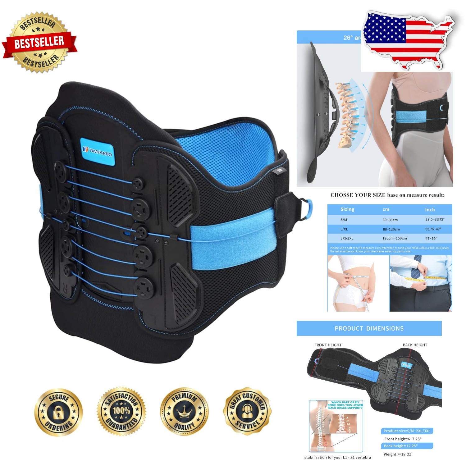 LSO Lumbar Support Belt L/XL Bionic Decompression Plate Pulley System Back Brace