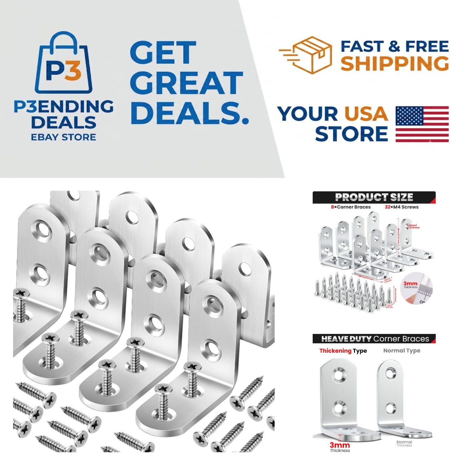 8 PCS Silver Brushed Heavy Duty Brackets – 90° Right Angle Support for Furniture