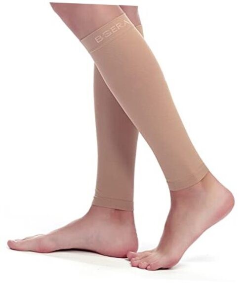 BSERA Calf Compression Sleeve Women, 2 Pairs 20-30mmHg Large Nude/Beige