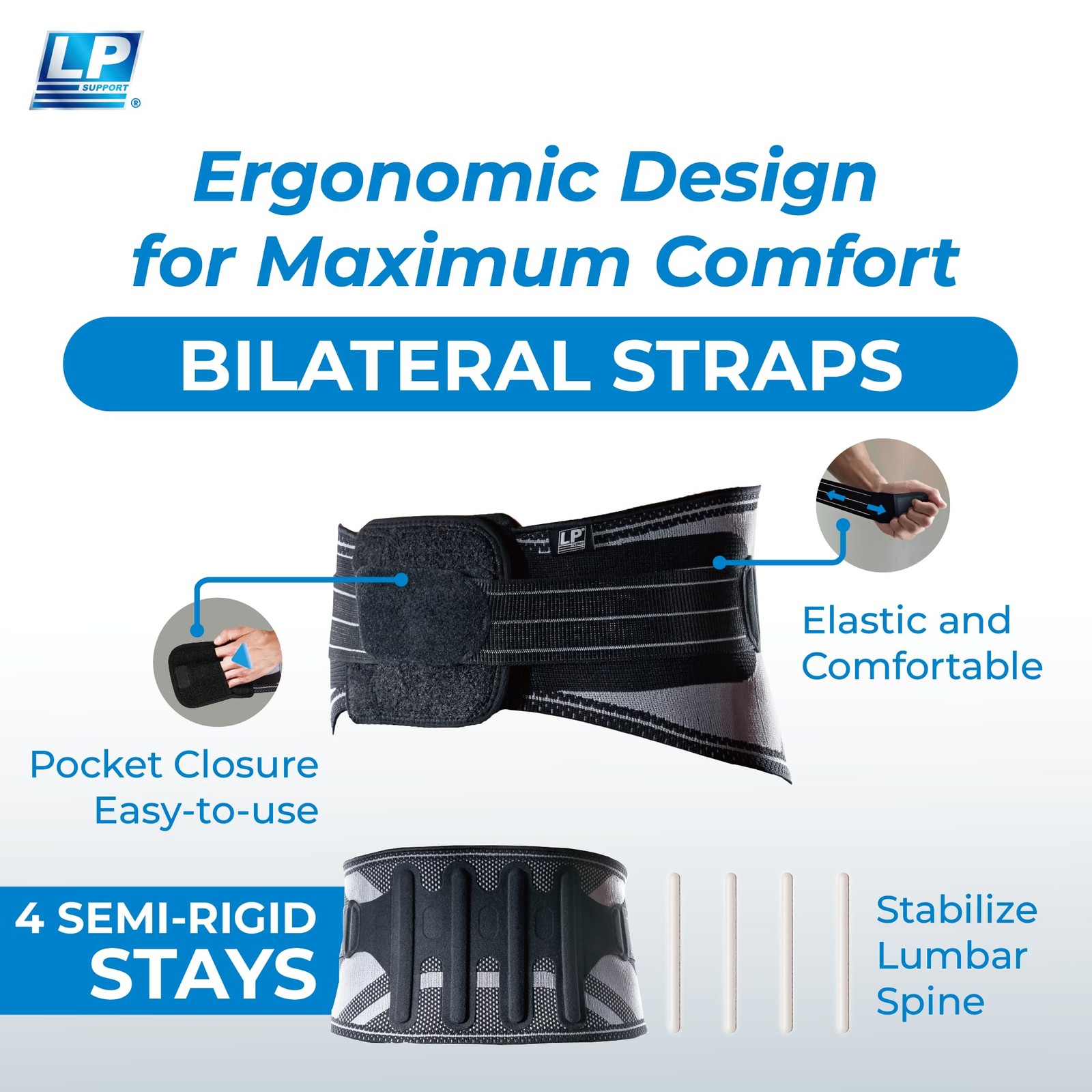 LP SUPPORT Lumbar Back Brace for Lower Back Support – 4 Semi-Rigid Stays with…