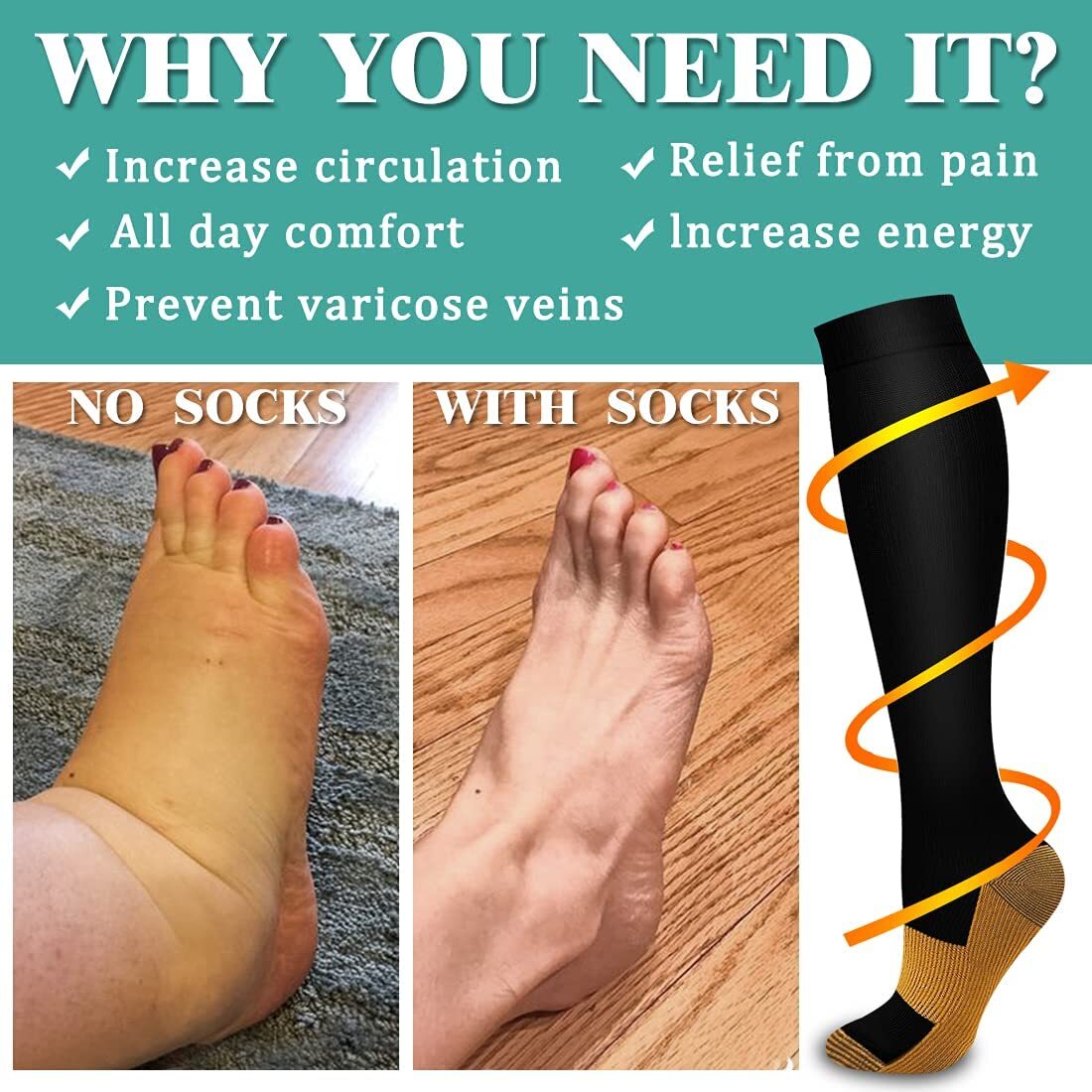 6 Pairs Copper Compression Socks 20-30mmHg Graduated Support Mens Womens S-XXL