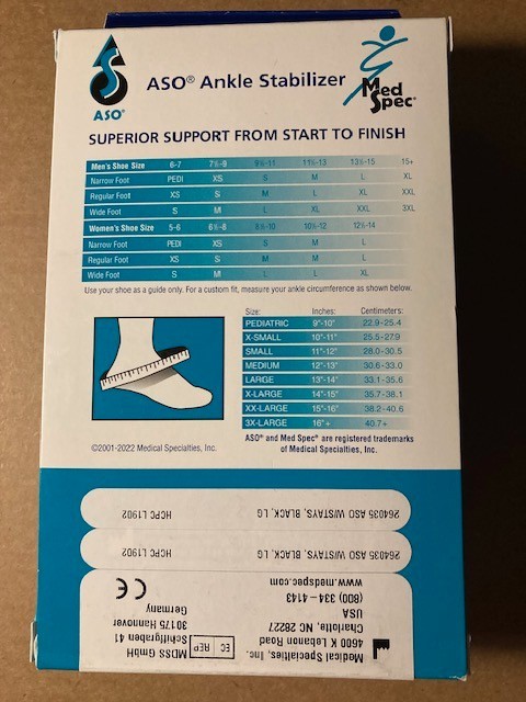 ASO 264035 ANKLE STABILIZER LACE UP BRACE W/ STAYS BLACK LARGE NIB FREE S&H