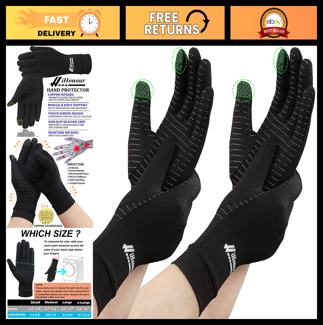 2 Pairs Copper Compression Gloves for Arthritis Pain Relief & Support – Medium
