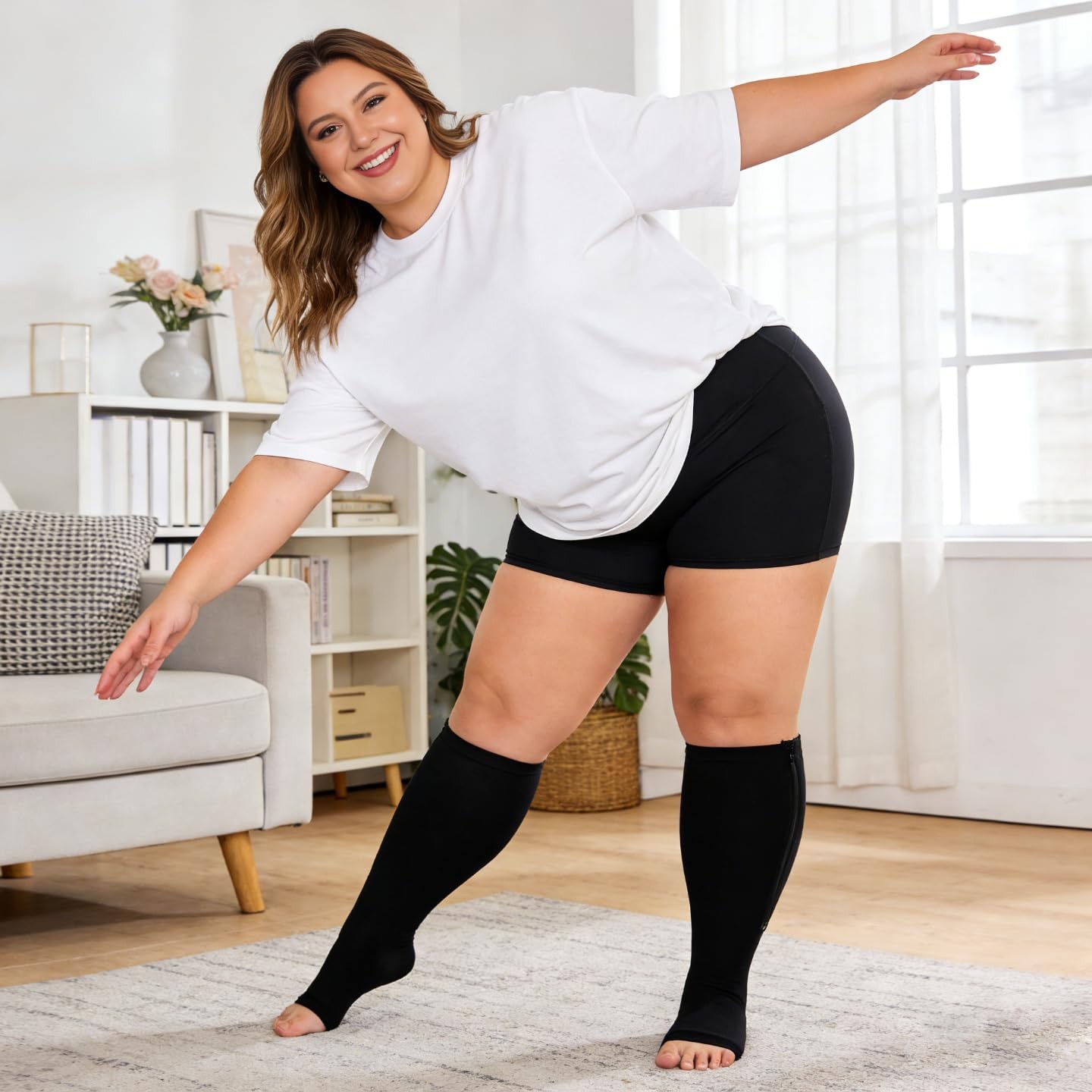 Abodhu Plus Size Compression Socks for Women Open Toe 15-20mmHg Wide Calf Kne…