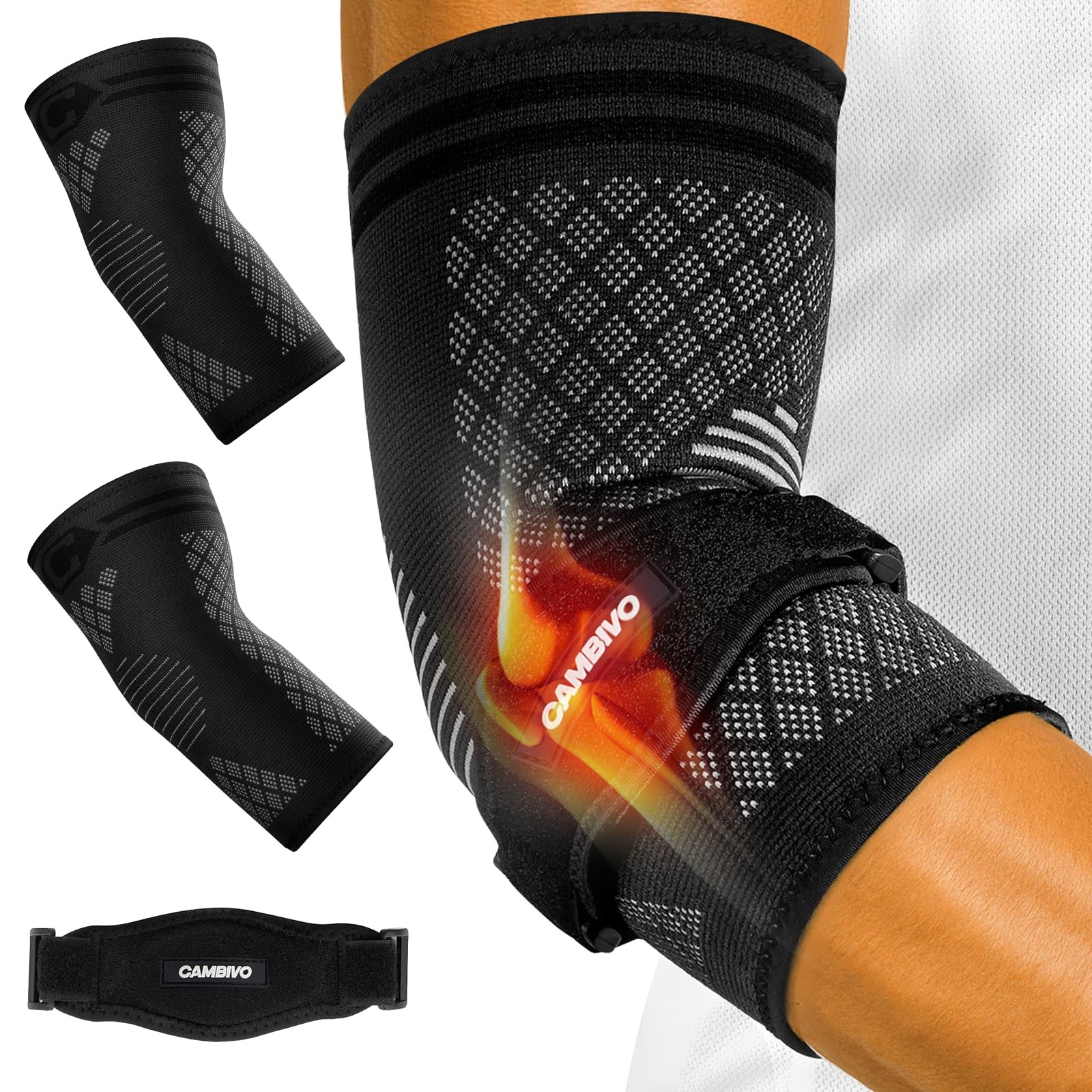 2 Elbow Sleeves and 1 Tennis Elbow Strap Set, Targeted Counterforce Compressi…