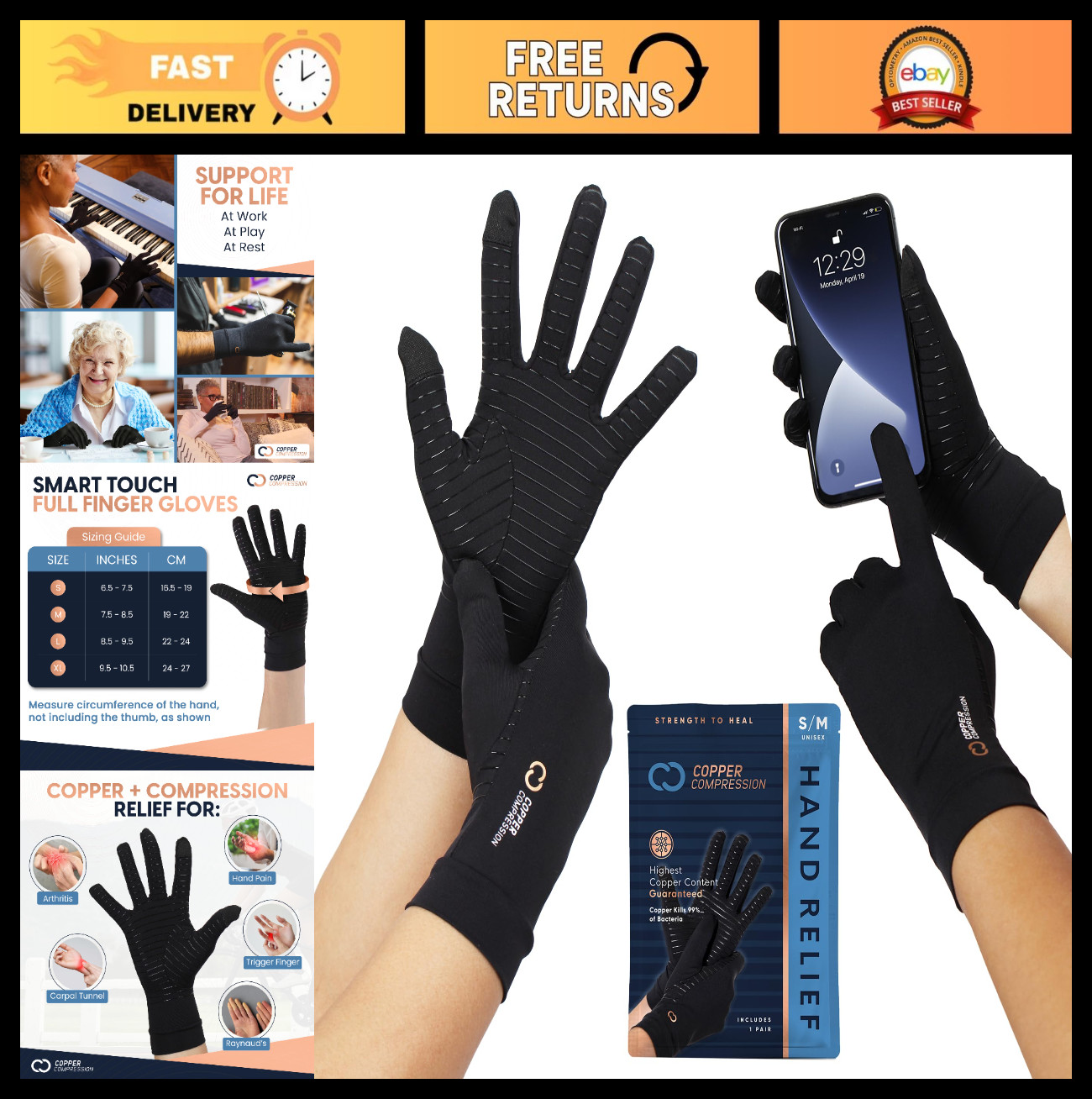Full Finger Arthritis Compression Gloves – Touch Screen, Palm Grips, Pain Relief