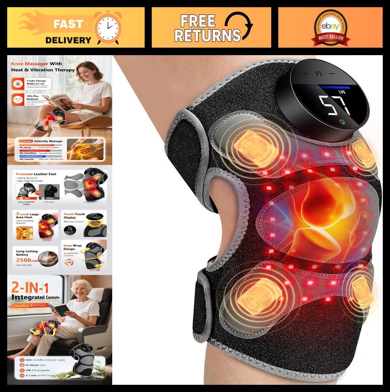 Rechargeable Cord-Free Knee Brace with Red Light Therapy – 20Min Auto Shut-Off,
