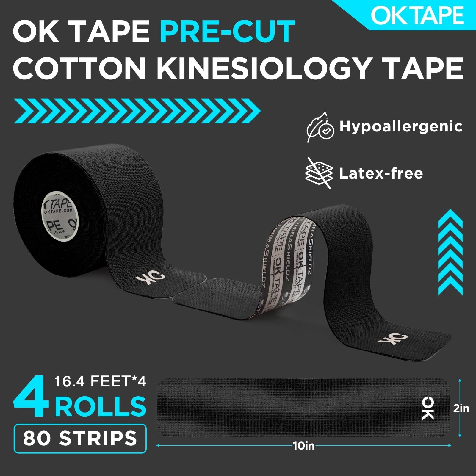 Kinesiology Tape 4 Rolls Precut Cotton Elastic Athletic Tape, Latex Free, 2in x