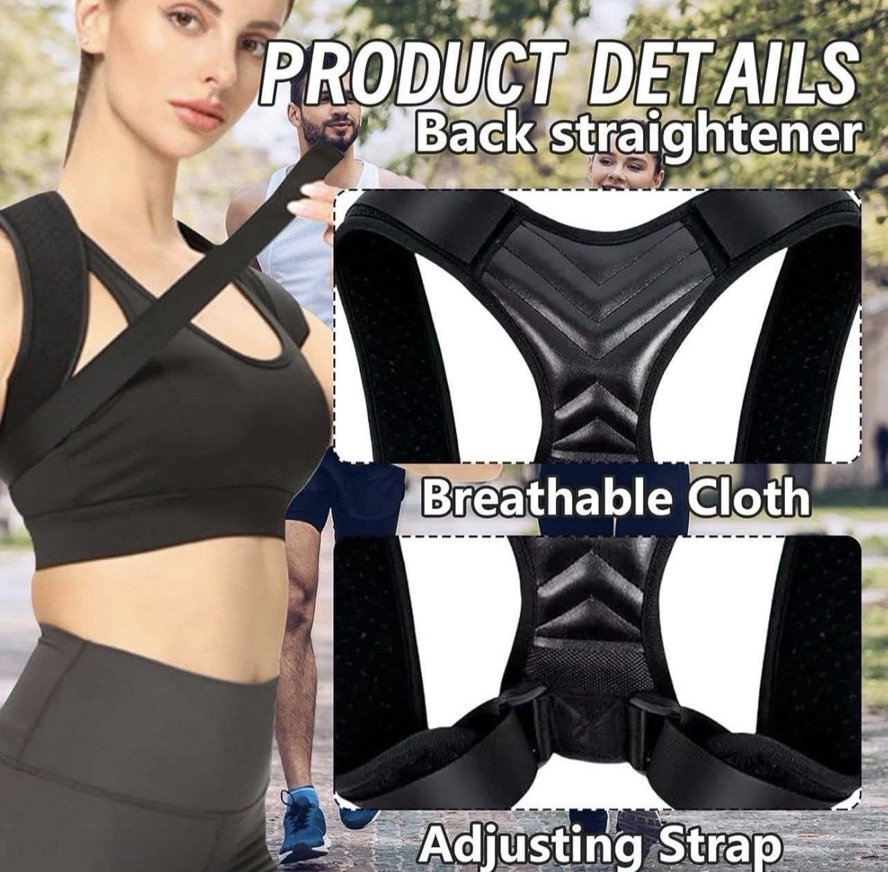 Adjustable Breathable Back Posture Corrector Brace, Nylon, Chest 27-46 in, Black