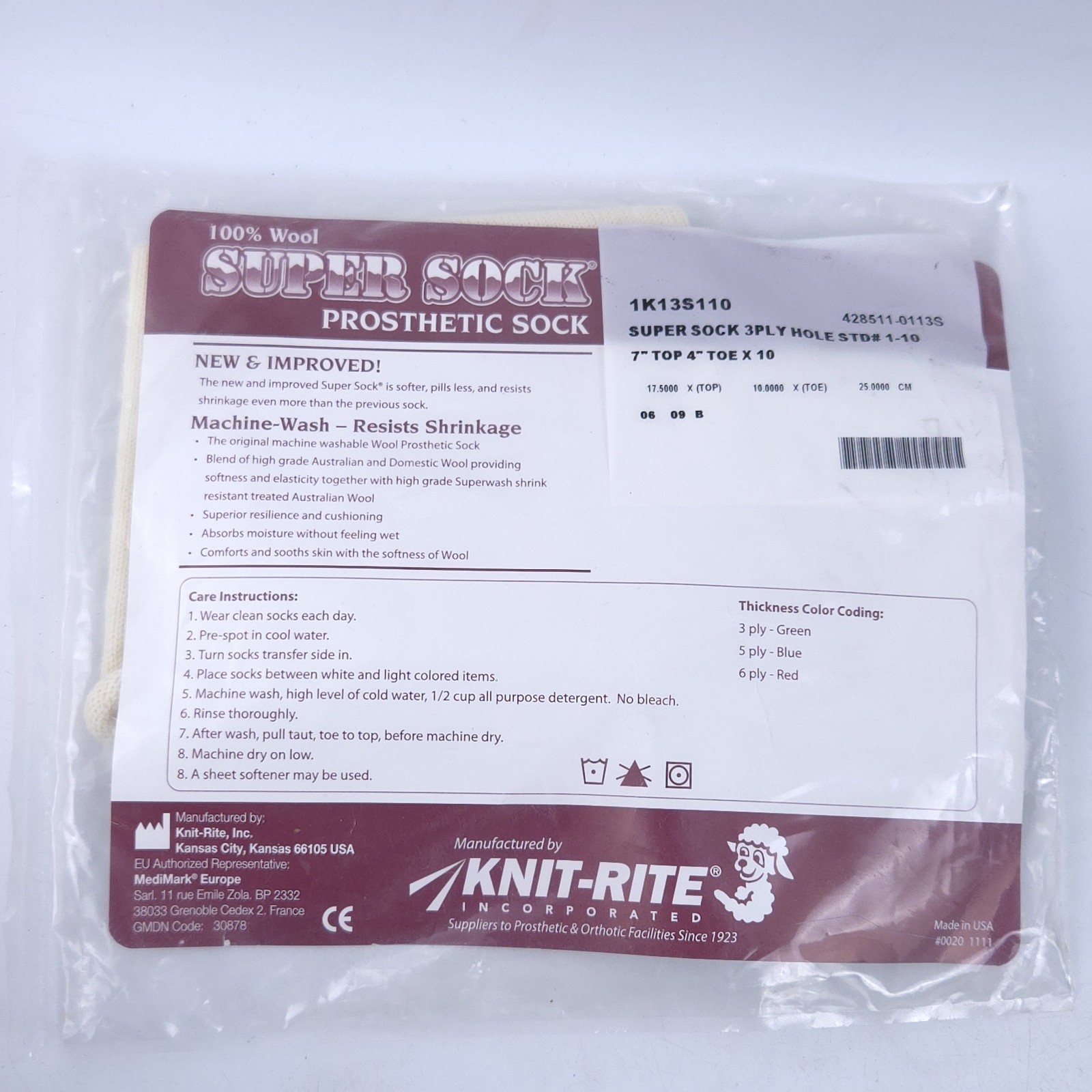 Knit-Rite Prosthetic Super Sock 100% Wool 7″ Top 4″ Toe X 10