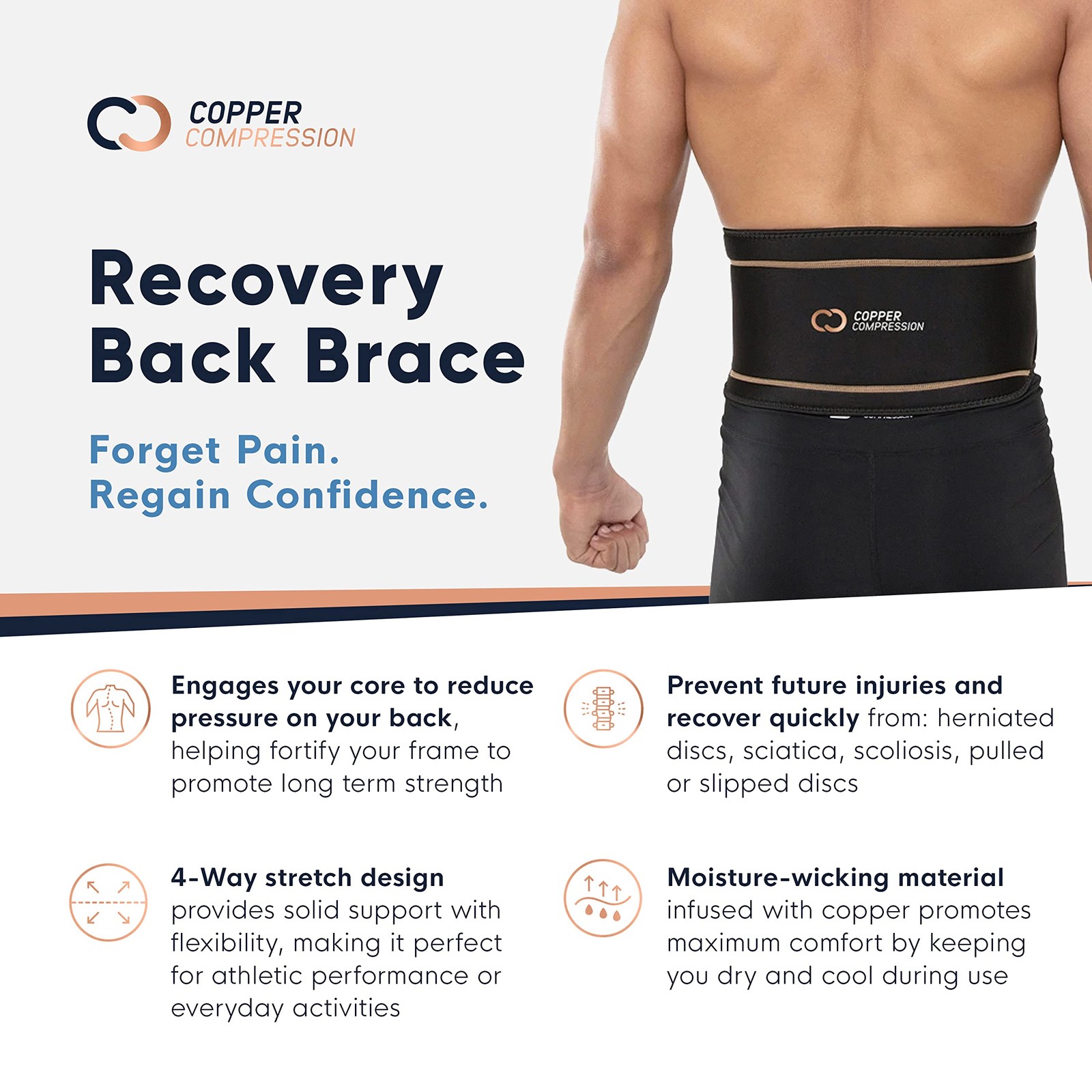 Back Brace. Copper Infused Lumbar Support for Lower Back Relief, Sciatica, He…