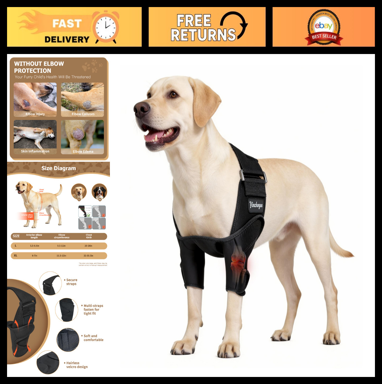 Adjustable Dog Elbow Brace Protector Pads – Front Leg Support for Arthritis, Tor
