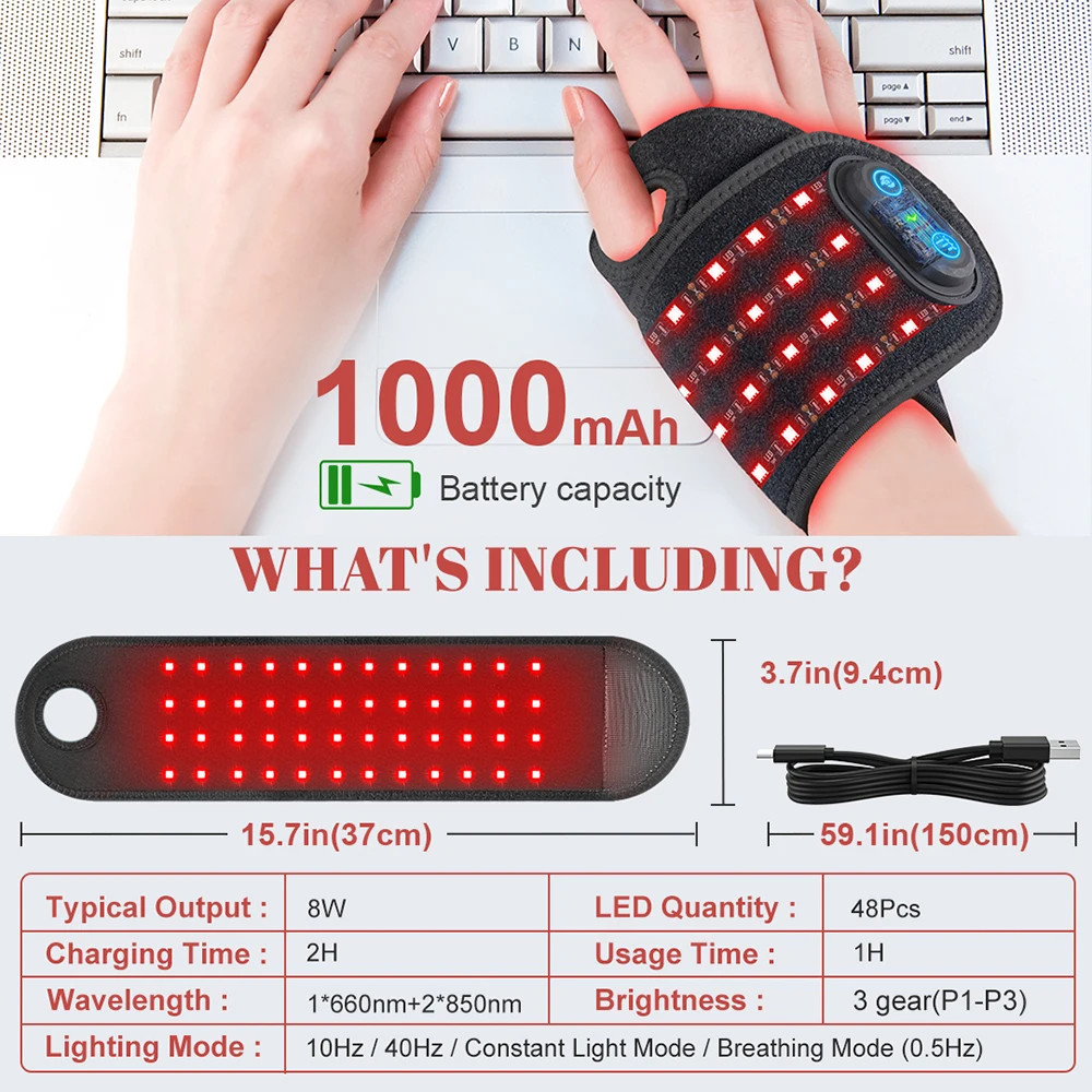 Red Light Therapy Wrist Strap Wireless Rechargeable Relieves Pain Tenosynovitis