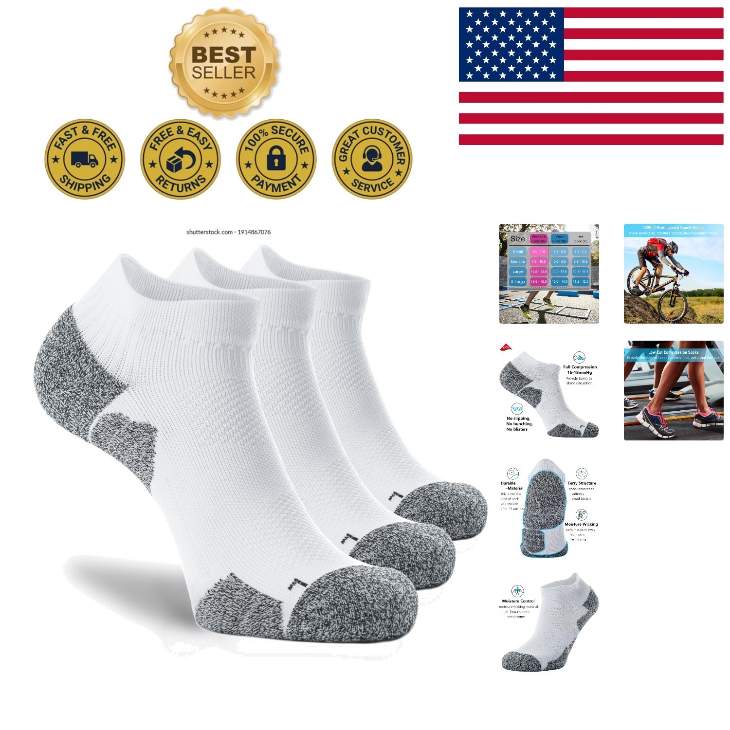 3-Pair Pack of Cushioned Ankle Socks with Compression Fit – Ideal for All Sports